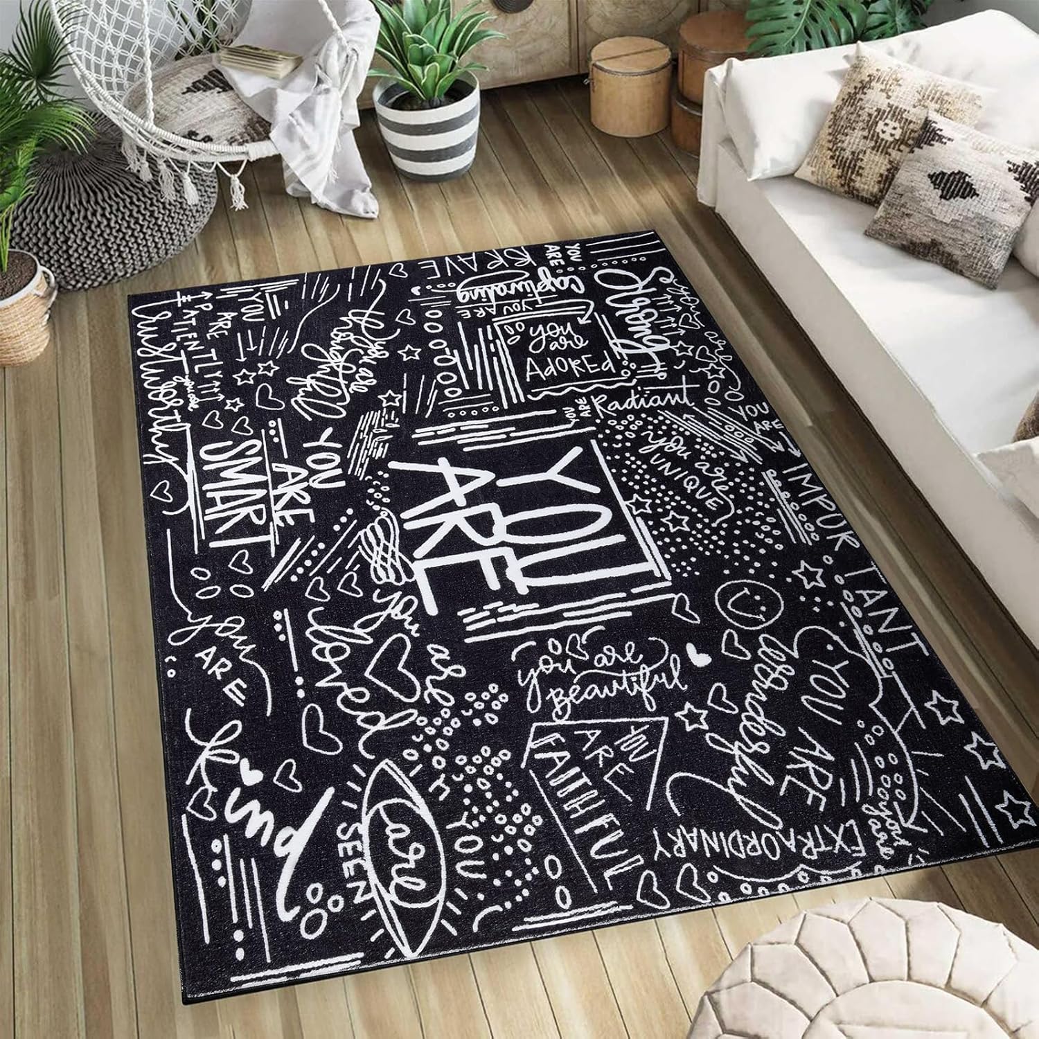 Estmy Cute Black You are Rug Washable, Fun Aesthetic Funky Teens Girls Bedroom Accent Carpet, Ultra Thin 4x6 Area Rugs for Living Room Classroom Kids Room Trendy Dorm College Carpet Unique Gift