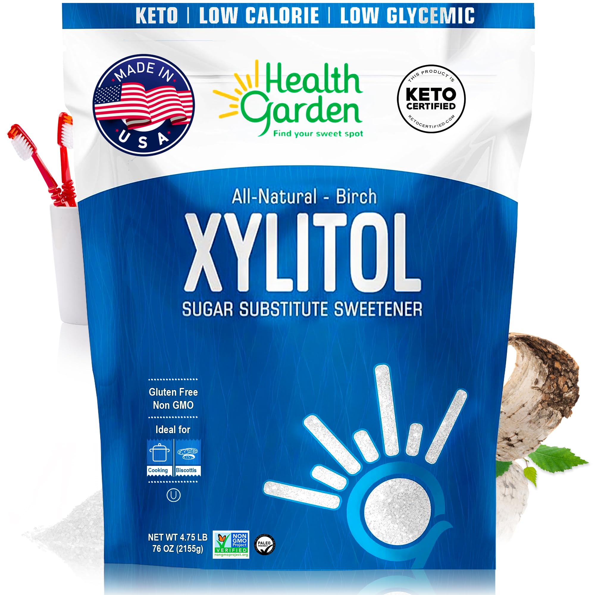 Health Garden Birch Xylitol Sweetener - 4.75 LB Resealable Bag - Pure Birch Xylitol - Non GMO, Kosher, and Made in the U.S.A. - Ideal Powdered Sugar Substitute - Non-GMO Sugar Alternative