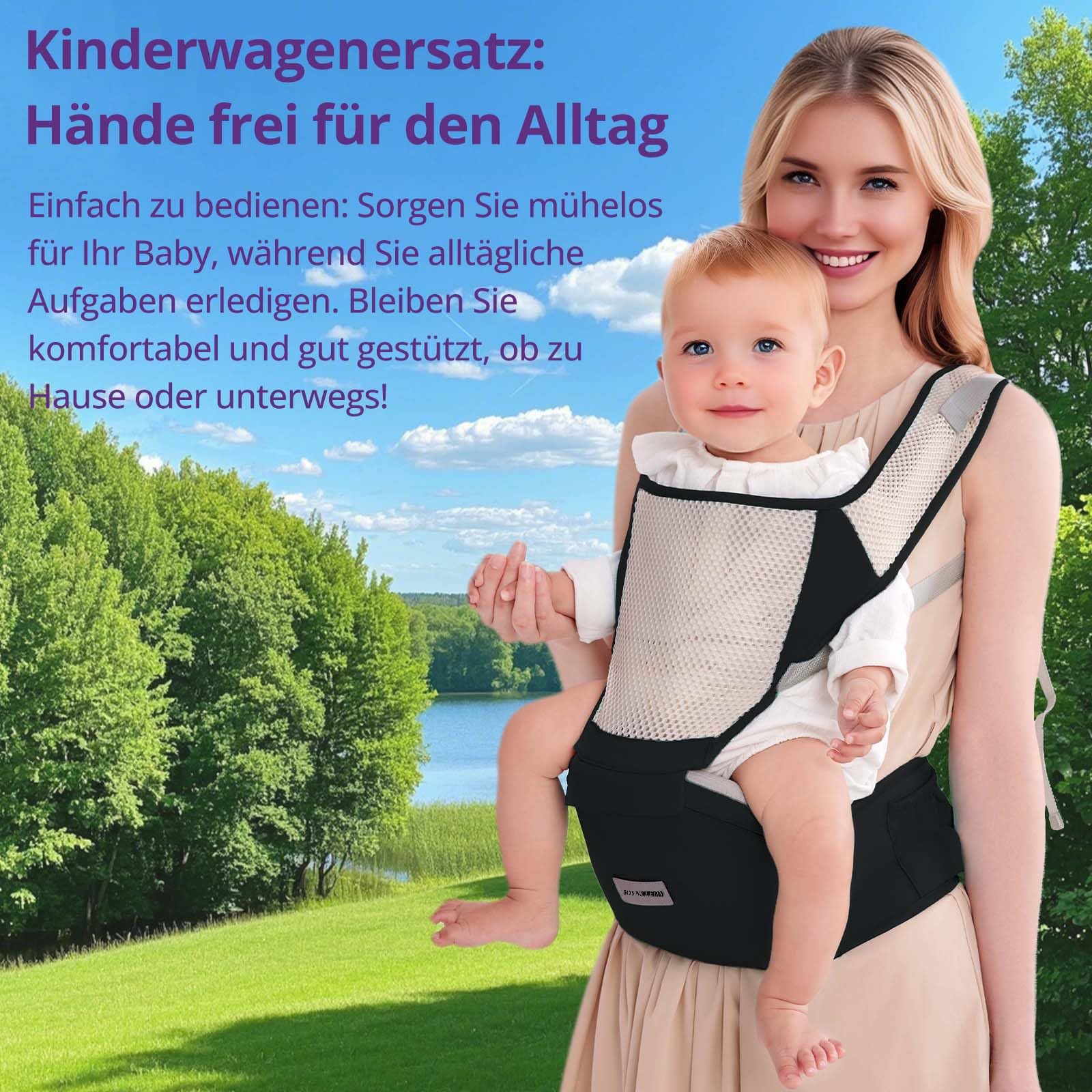 Ergonomische Babytrage mit Verstellbarem Gurt - 6-in-1 Neugeborenen-Kleinkind-Tragetuch, Atmungsaktive Mesh-Babytrage für Sommer, Kompakt für Reisen & Outdoor-Abenteuer (Schwarz)