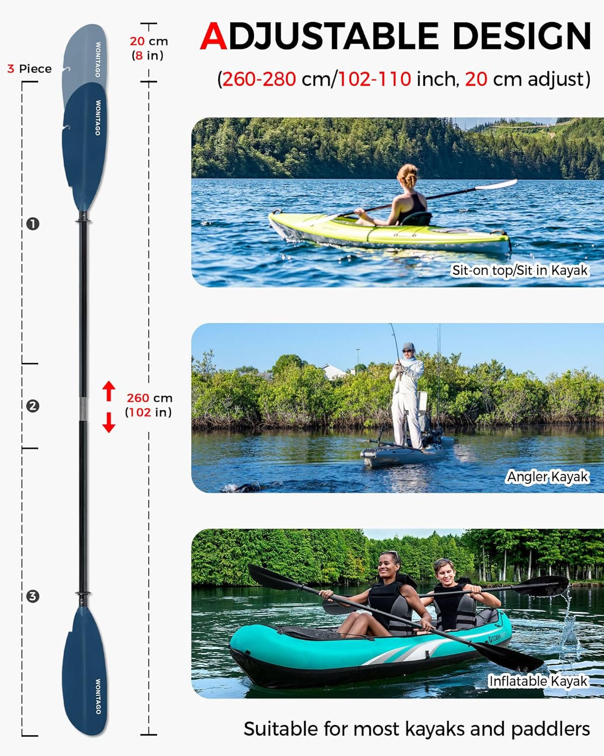 Angler Kayak Paddle with Fiberglass Shaft and Plastic Blade, Adjustable Fihsing Kayak Oar, 86-94" (220-240 cm), 94-102" (240-260 cm), 102-110" (260-280 cm)