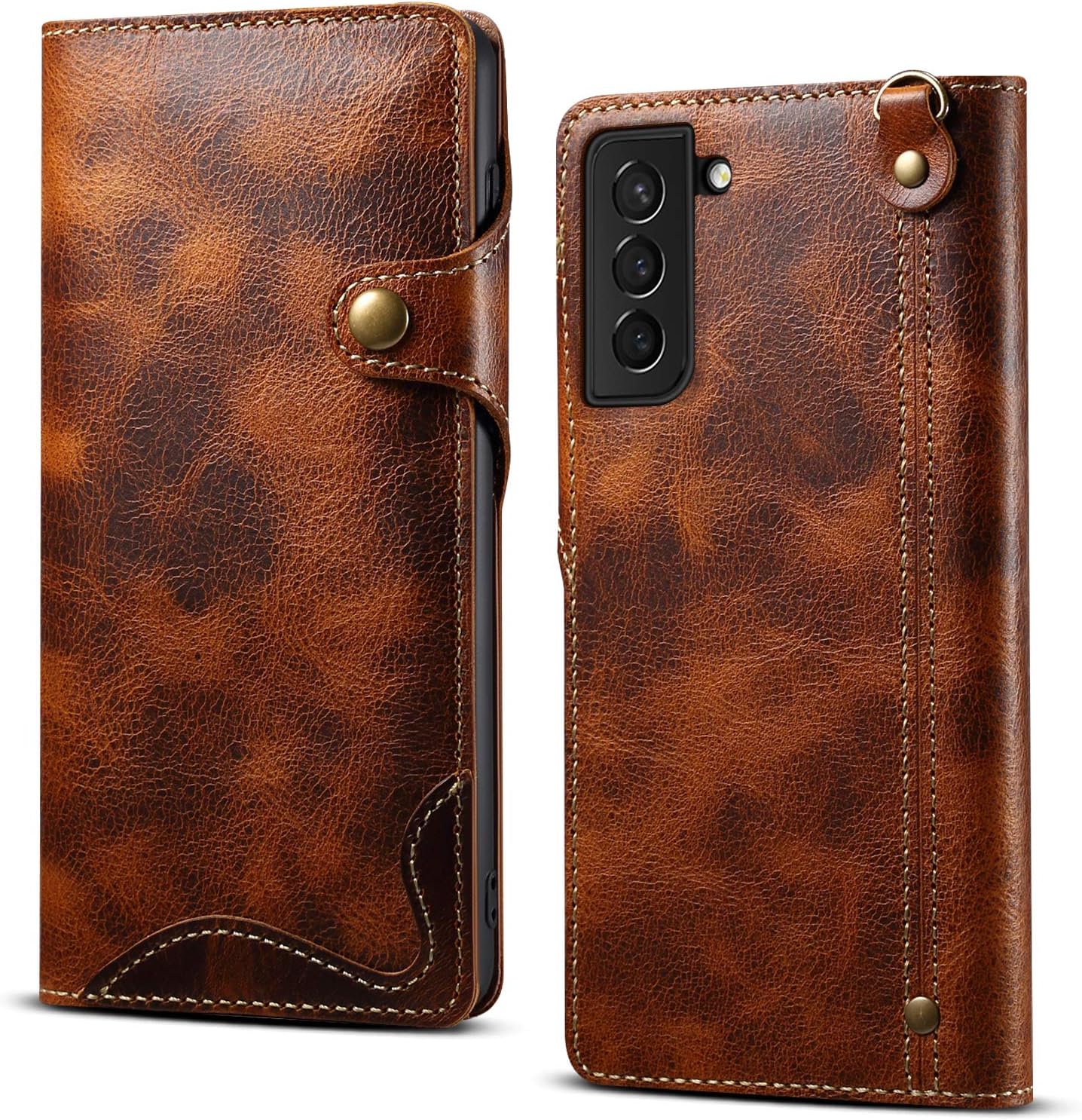 Genuine Leather Wallet Case for Samsung Galaxy S22,Classic Oil Wax Pattern Real Leather Button Card Slot Flip Stand Case Cover with Lanyard Brown
