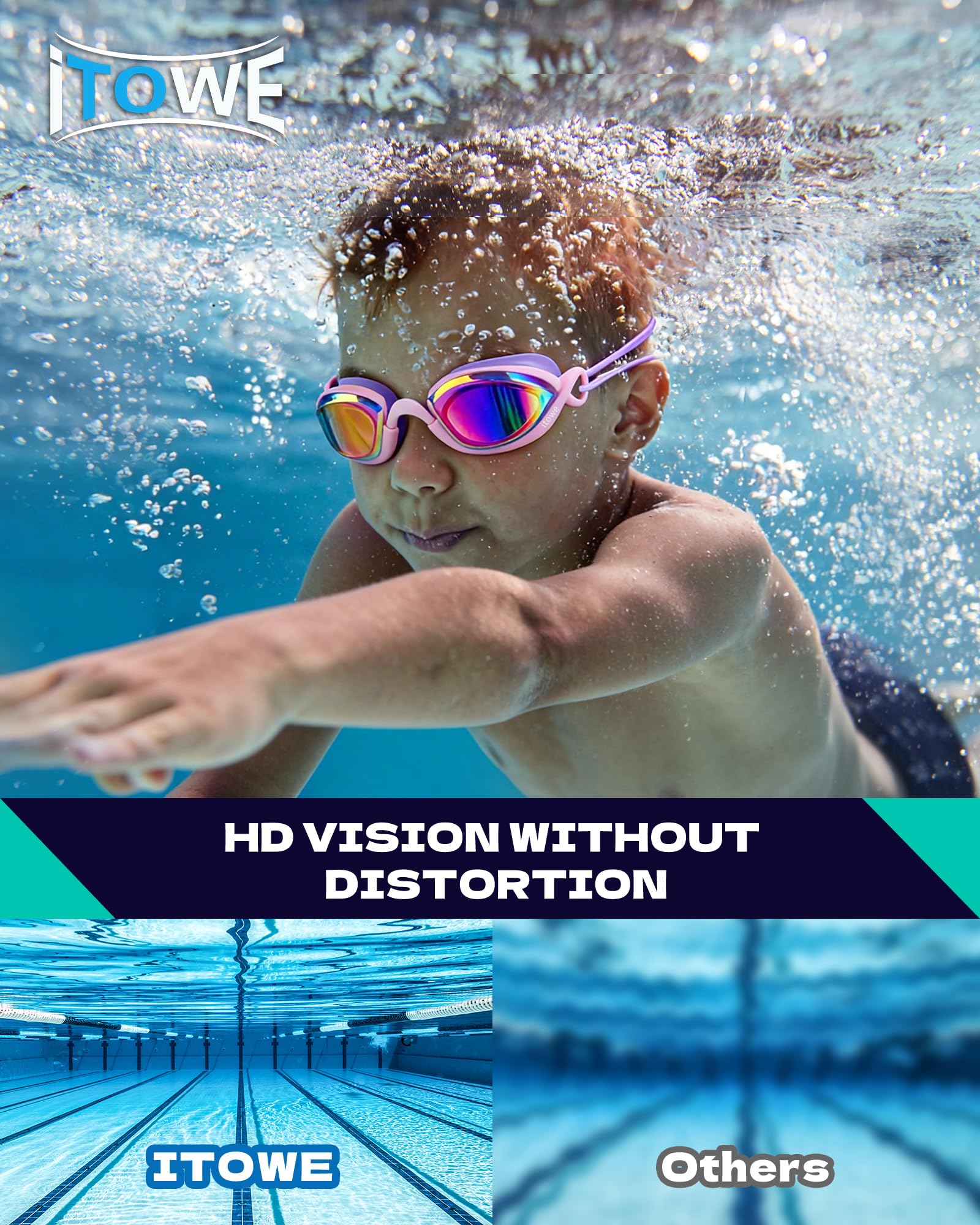Confezione da 2 occhialini da nuoto da corsa con cinturino elastico, nessuna perdita, occhialini da nuoto per bambini dai 6 ai 14 anni, anti-appannamento, visione HD