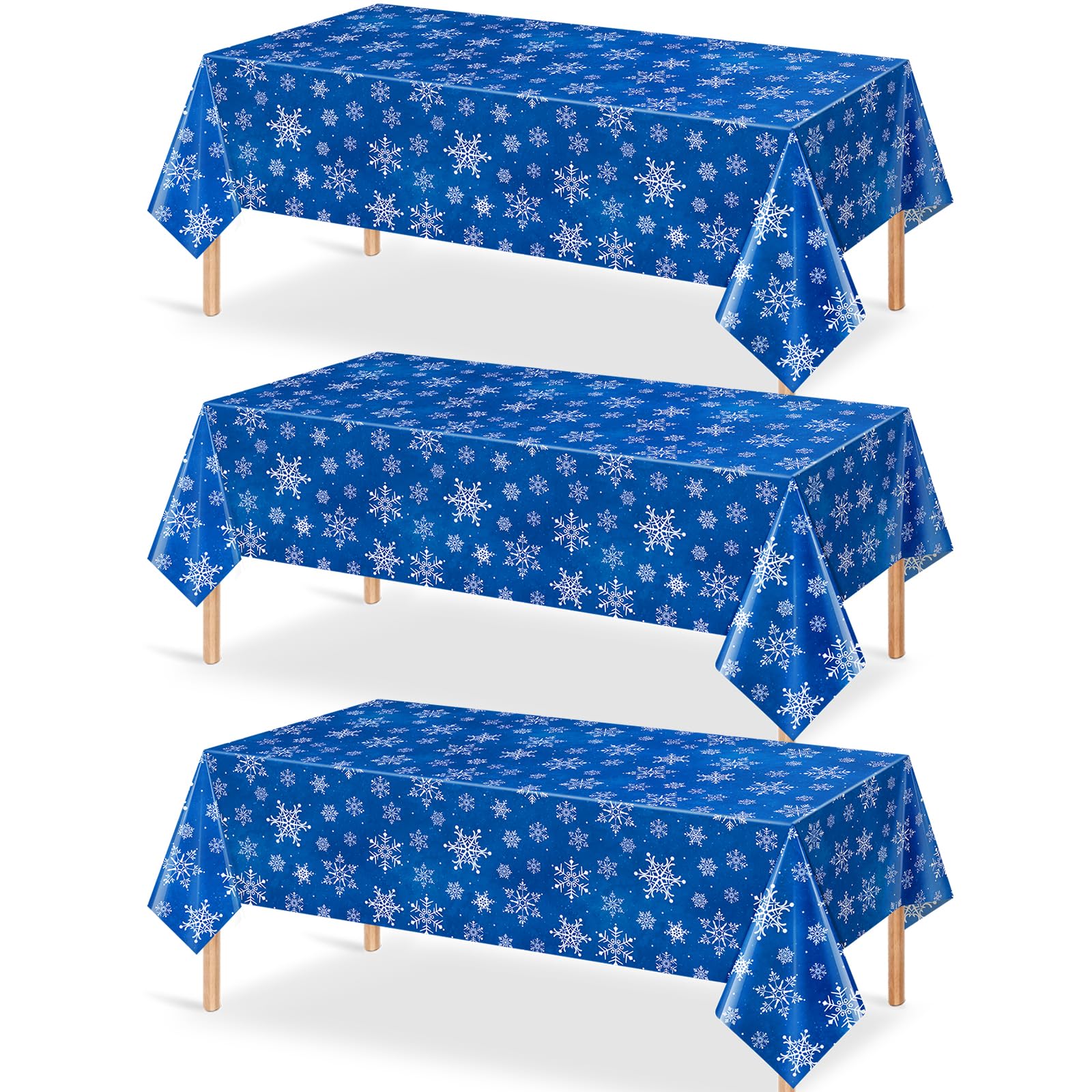 3 Pieces Christmas Snowflake Plastic Party Tablecloth Decorations,White Snowflake Blue Xmas Backdrop Sign Table Cover Banner for Winter Christmas Holiday Party Supplies,54x108 inch (Blue)