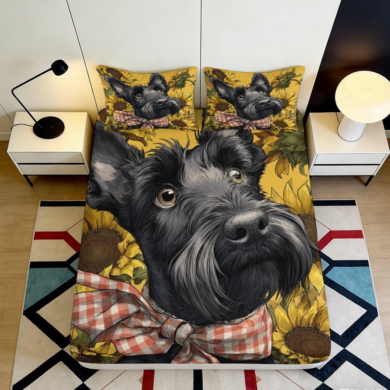 3D Printed Dog Sunflower Fitted Sheet Microfiber Deep Pocket Non-Slip Full Wrap Mattress Fitted Cover for Bedroom 90x200x25cm