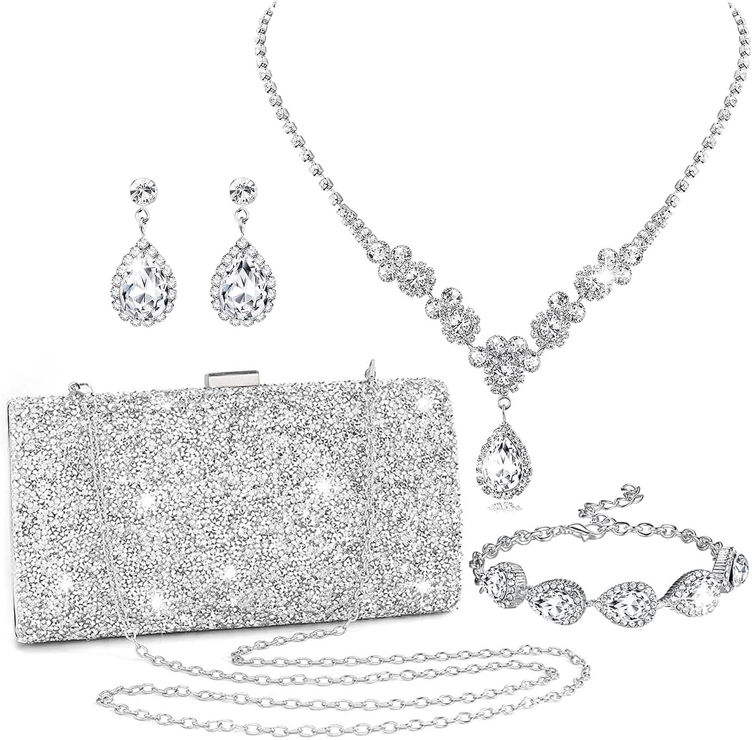 FEYIR Clutch Purse Jewelry Set for Women Evening Bags Rhinestone Crystal Necklace Earrings Bracelet Set Formal Wedding Bridal Accessories Jewelry for Prom