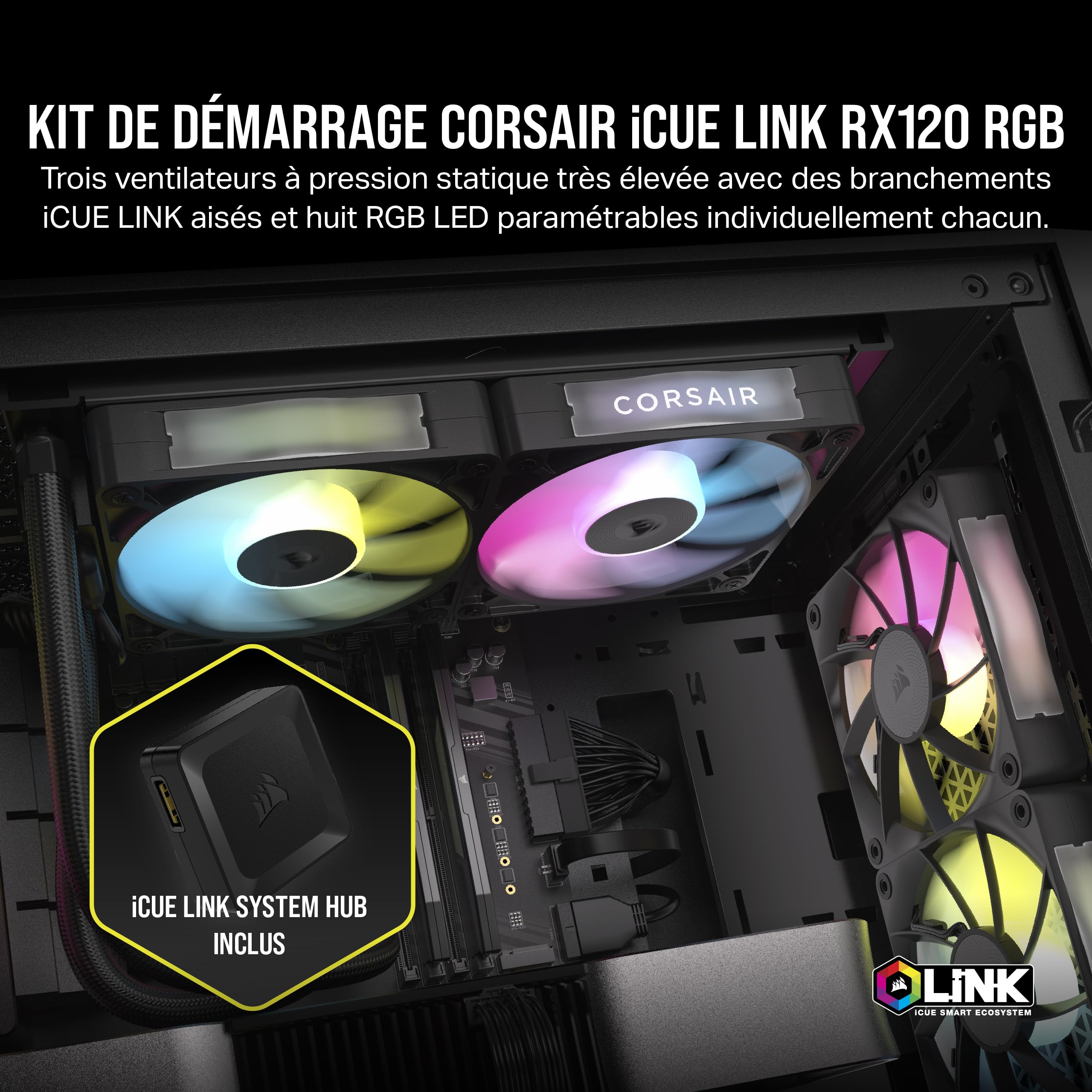 CORSAIR iCUE LINK RX120 RGB 120mm Ventilateurs PWM avec Hub Système iCUE LINK - Roulement à Dôme Magnétique - Triple Pack - Noir