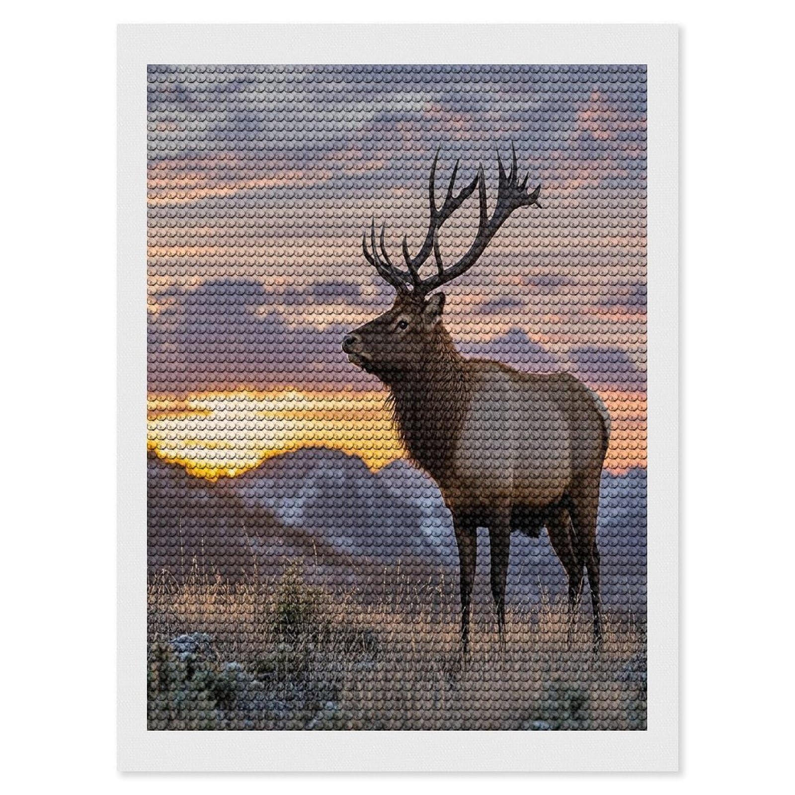 FekiLoot Red Deer Bull Elk Sunset Diamond Painting Kits for Adults Full Round Drill Diamond Art Kits for Beginners 5D DIY Diamond Dots Paintings Diamonds Pictures Gem Art Home Wall Decor 12"x16"