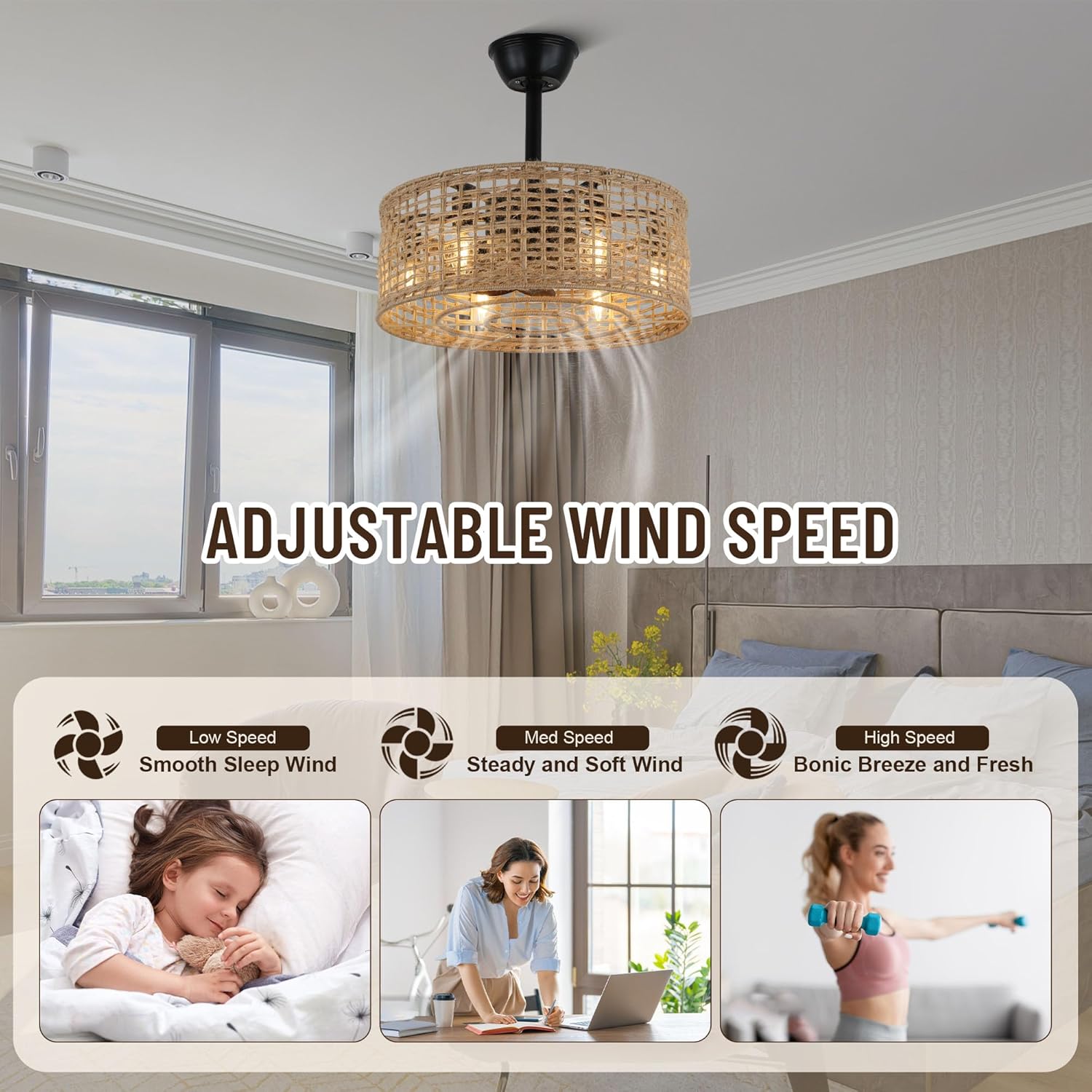 Boho Caged Ceiling Fan with Lights and Remote, 18'' Farmhouse Rattan Ceiling Fans Light Reversible Fan Blades, Low Profile Boho Ceiling Fans Light for Indoor, Patios, Bedroom