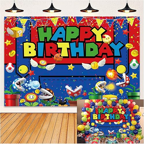 Miniatura 1 de Fondo de cumpleaños de Adventure Brothers de 7 x 5 pies, súper juego, moneda dorada, pregunta de dibujos animados, fondo de cumpleaños rojo,