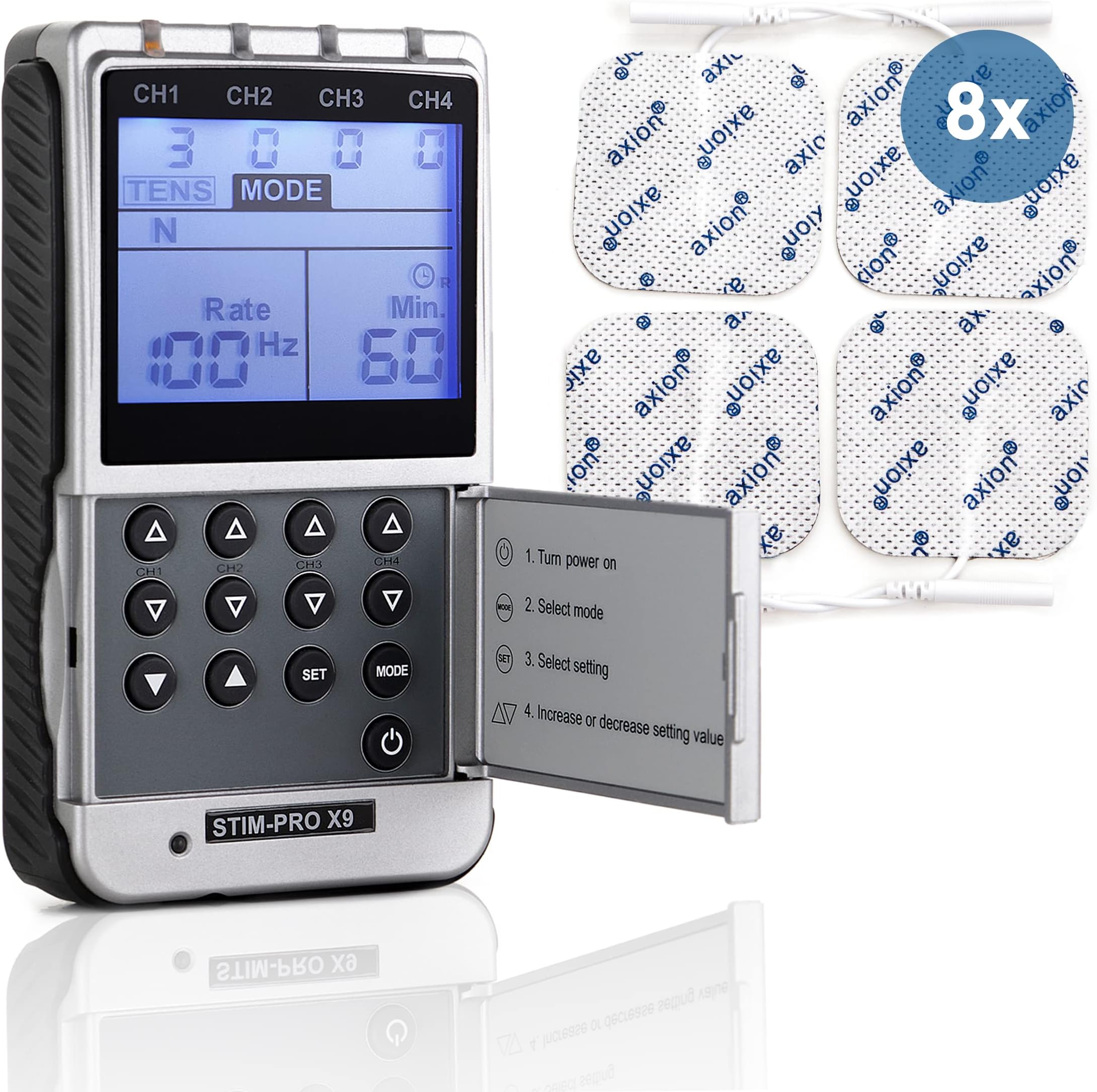 axion 4-Channel TENS Machine for Pain Relief STIM-PRO X9+ Including 8 2x2'' Electrode Pads | 45 Modes and 100 Intensity Levels | Certified Medical Device