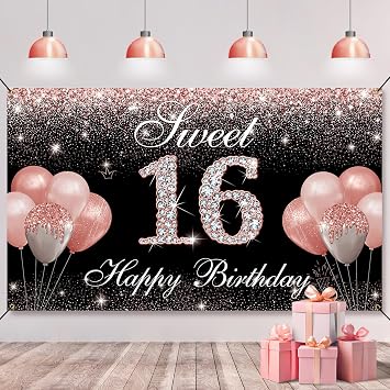 Sweet 16 Birthday Backdrop Banner - Rose Gold Sweet Sixteen Party Decorations, Happy 16th Birthday Yard Sign Photo Props & Decor Supplies, Fabric