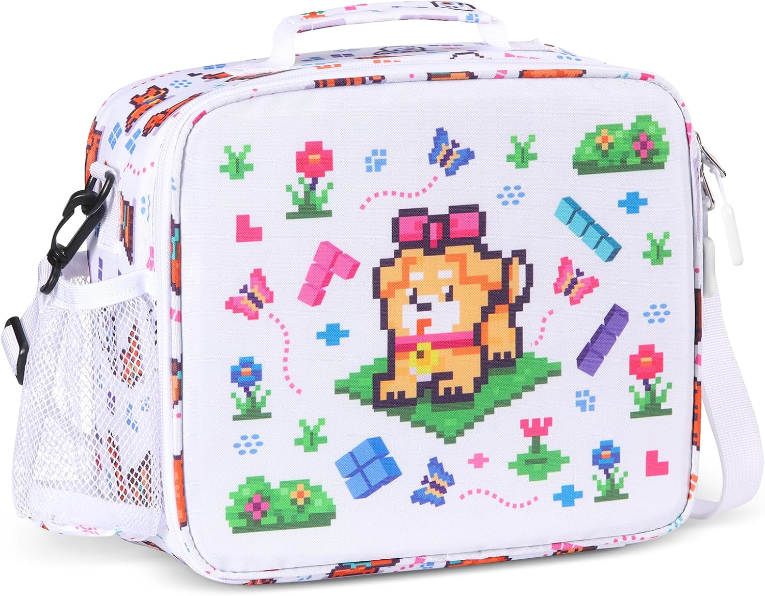 rockpapa Kids Lunch Bag for Kids with Strap, Waterproof, Stain & Oil-Resistant, Insulated LunchBag, Reusable Lunch Tote Bag Holds Lunch Box, Water Bottle & Snacks for School (White Pets Dog)