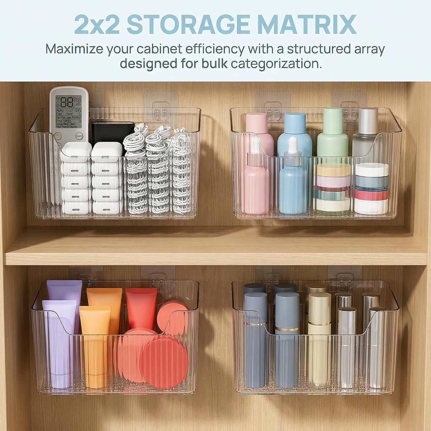 2 Pack Cabinet Door Organizer, Clear Storage Caddy, Adhesive Wall Mounted Organizer Bins, with Self Adhesive Tape, for Bathroom, Kitchen, Cabinet, Living Room