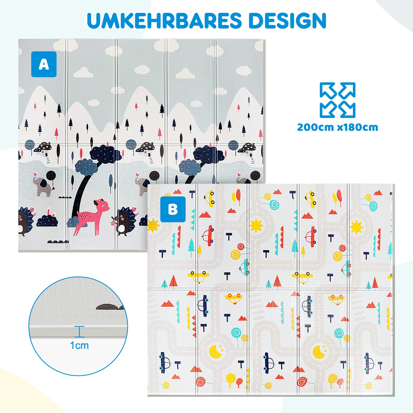 Aiious Tappeto Gioco Bambini Pieghevole, 180x200 Tappeto Neonato Gattonamento, Bifacciale Antiscivolo e Impermeabile Tappeto Neonato da Gioco in Schiuma XPE Tappeto Bambini Tappeto Gioco Neonato