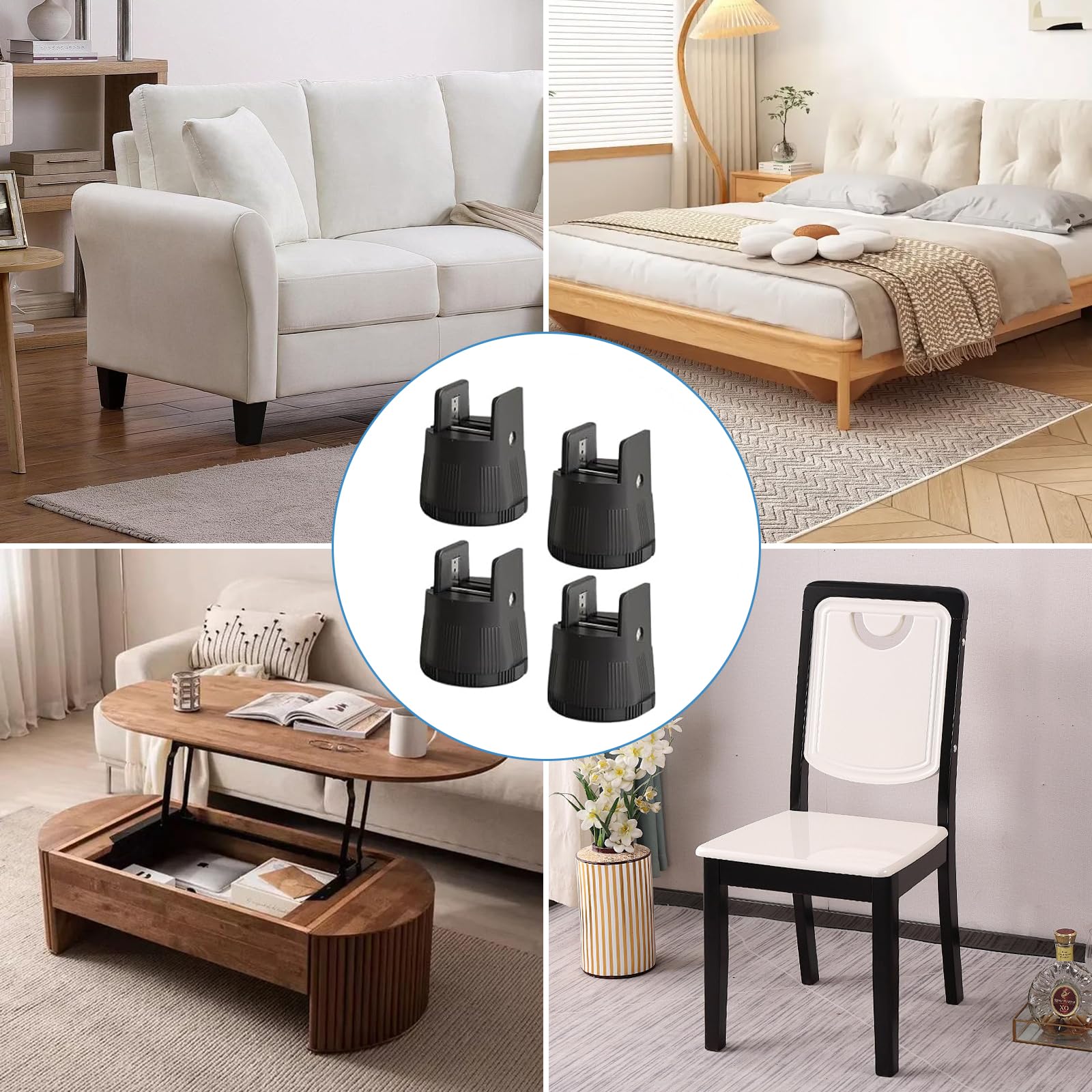 4 Piezas Elevador para Muebles 6-8 cm - Elevador Ajustable para Cama con Abrazadera de Tornillo para Patas de 10-50mm - Elevadores Robustos para Cama, Sofá, Mesa y Silla - Incluye Destornillador