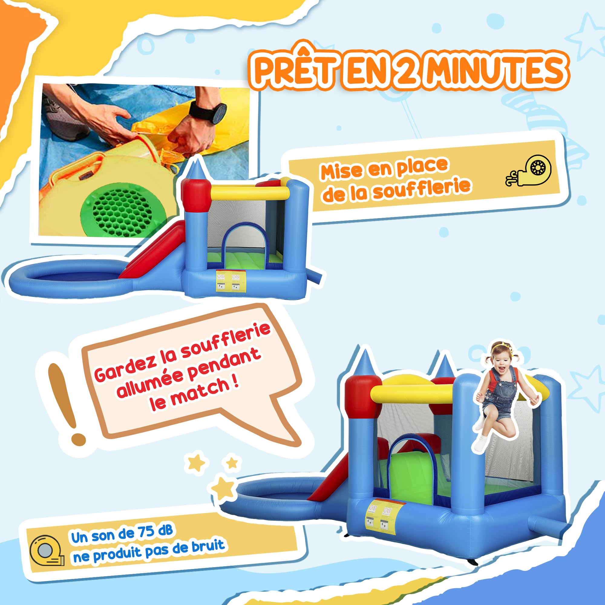 AIYAPLAY Hüpfburg mit Gebläse 4 in 1 Hüpfburg, Rutschen, Trampolin, Basketballkorb, Ballpool, für drinnen und draußen, bis zu 3 Kinder 3-8 Jahre alt