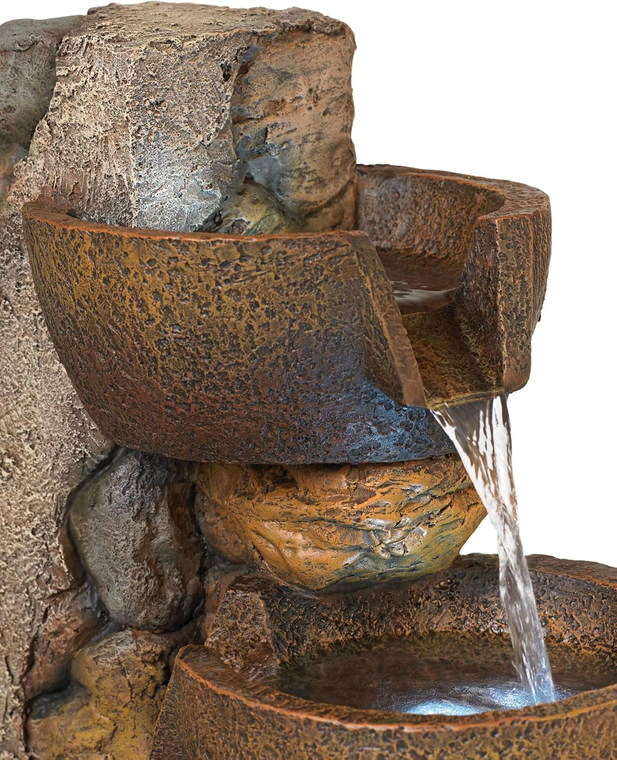 Rustic Cascading Urn Outdoor Floor Fountain with LED Light