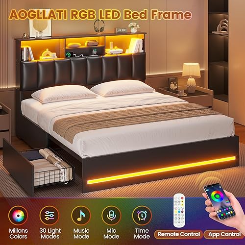 Miniatura 3 de AOGLLATI Estructura de cama Queen con elegante cabecero tipo estantería y estación de carga y luces LED, estructura de cama tamaño Queen con 4