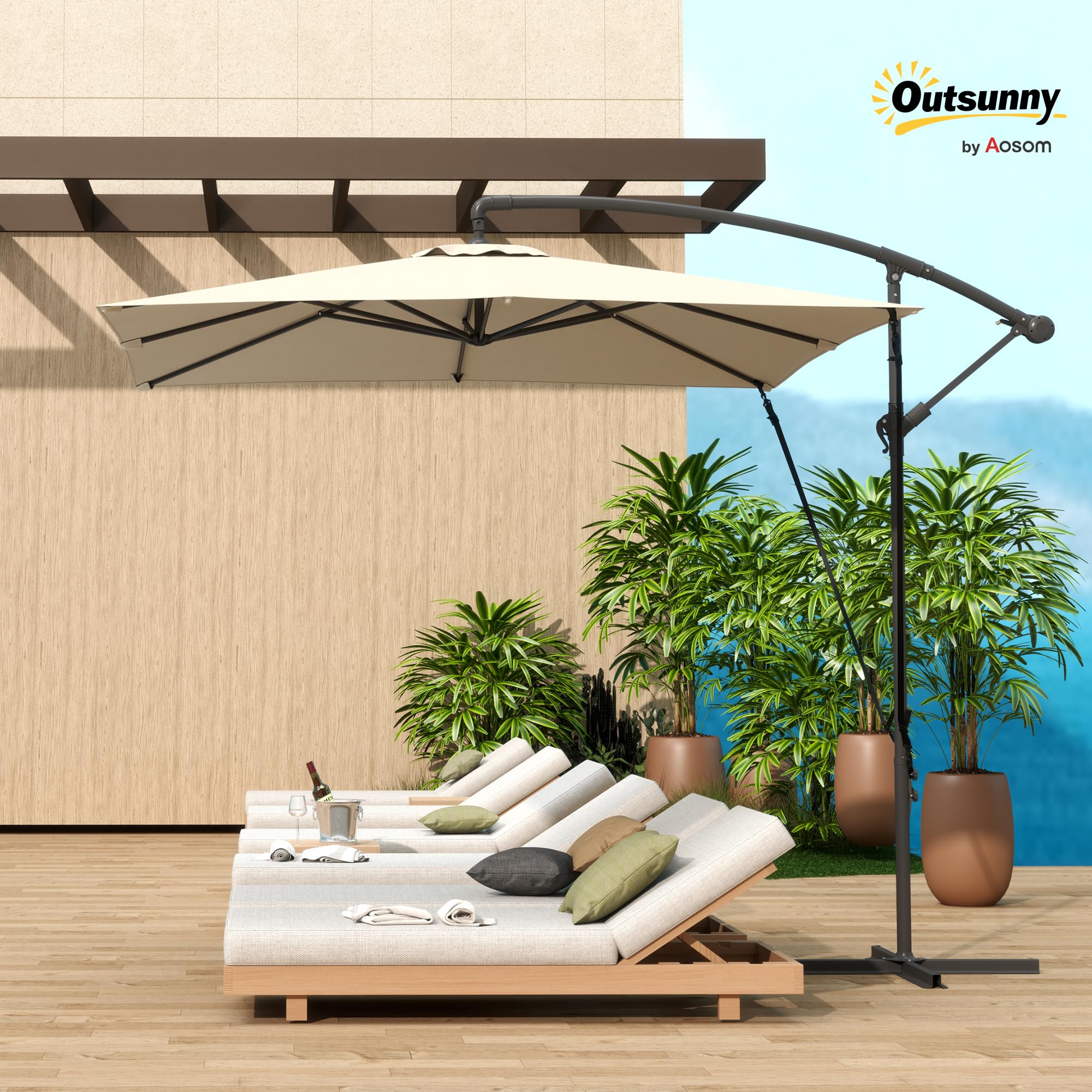 Outsunny Parasol Excéntrico 247x247 cm Base Cruzada Anti-UV 50+ Caqui | Sombrilla de Jardín, Toldo Giratorio 360°, Manivela, Funda Protectora, Cuerda de Viento, para Terraza Patio