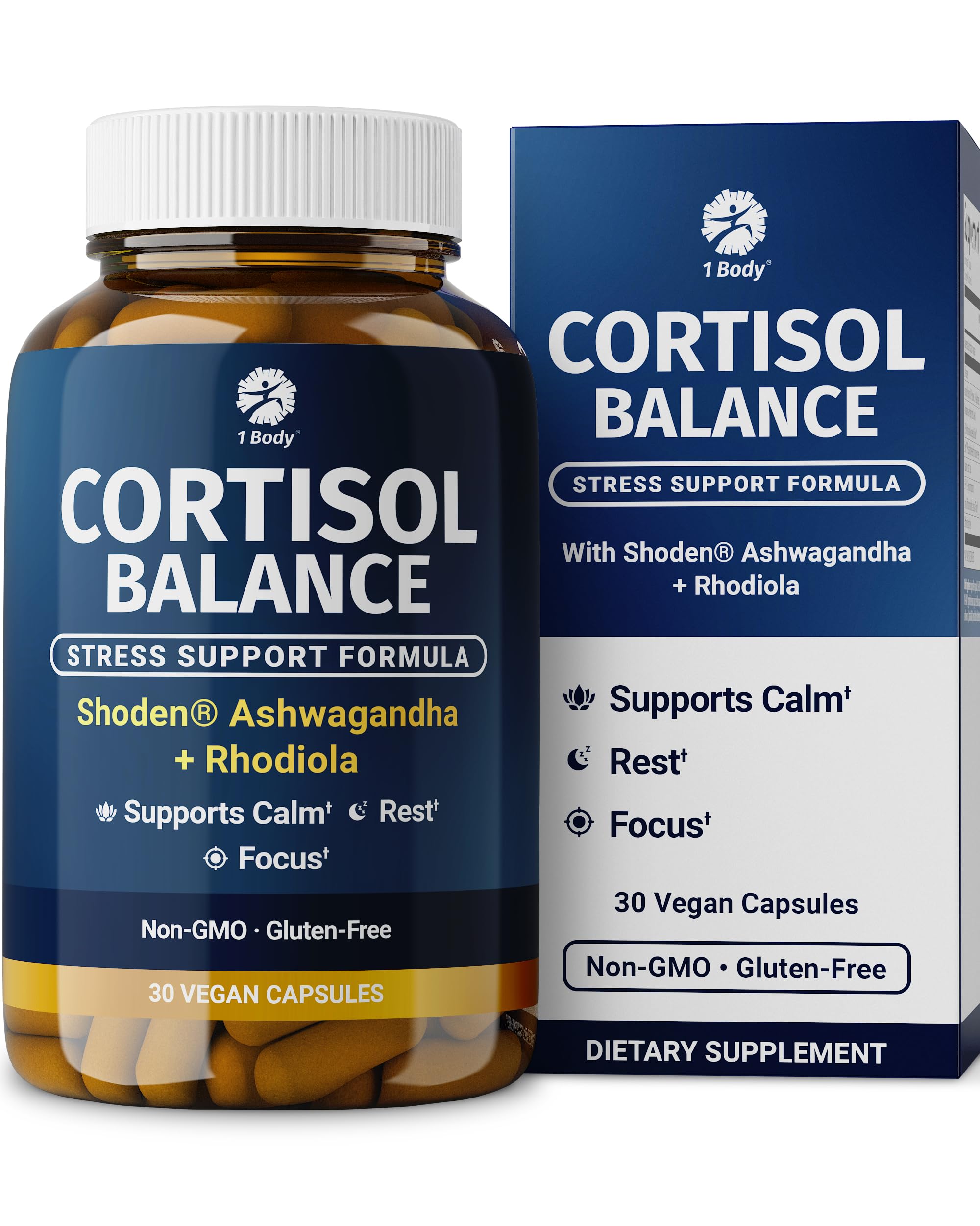 1 Body Cortisol Support with Ashwagandha & Saffron, 60 Vegan Capsules