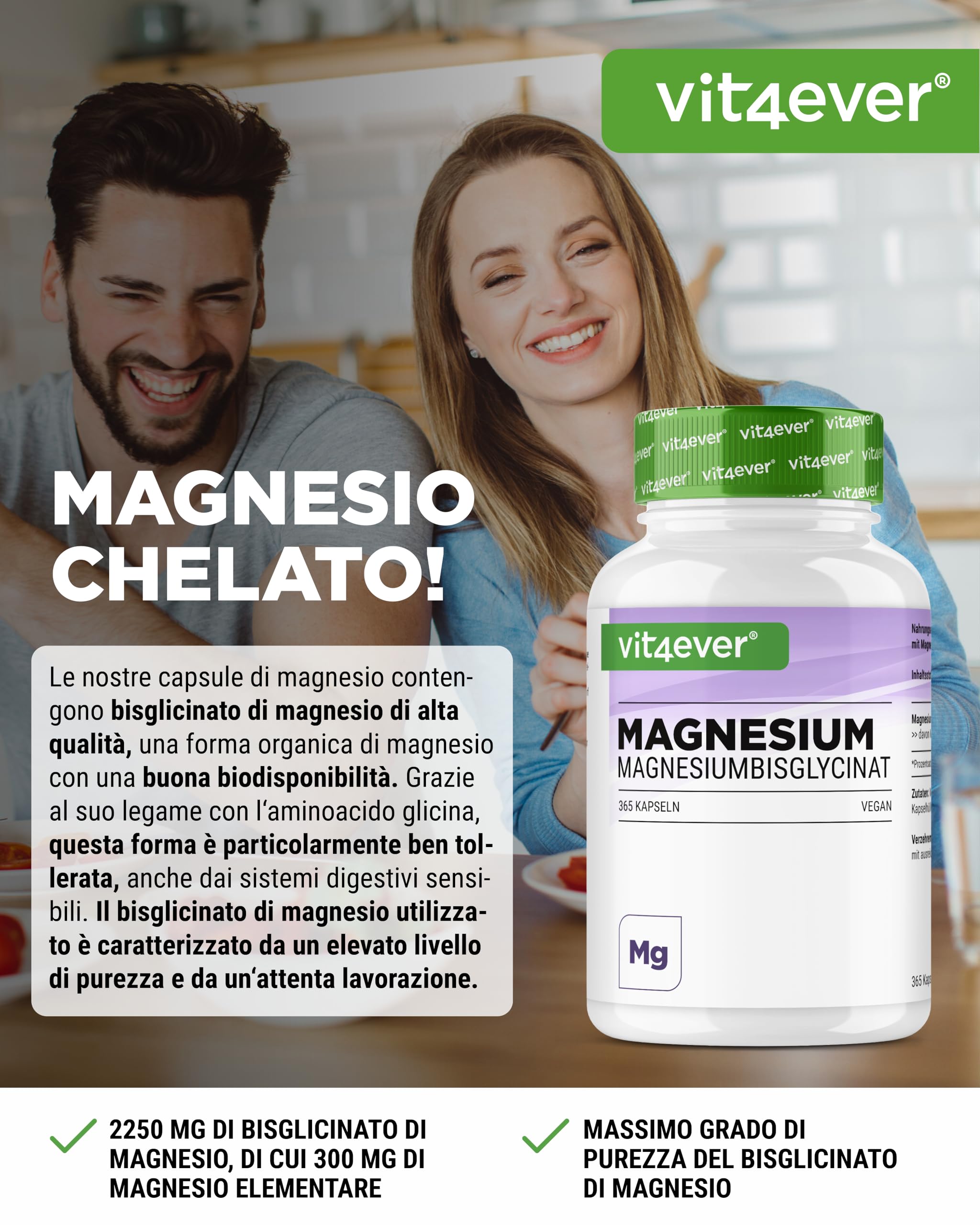 Magnesiobisglicinato - 365 Capsule - 300 mg di Magnesio Elementare per Dose giornaliera - Premium: Magnesio Chelato - Vegano - Ad Alto Dosaggio