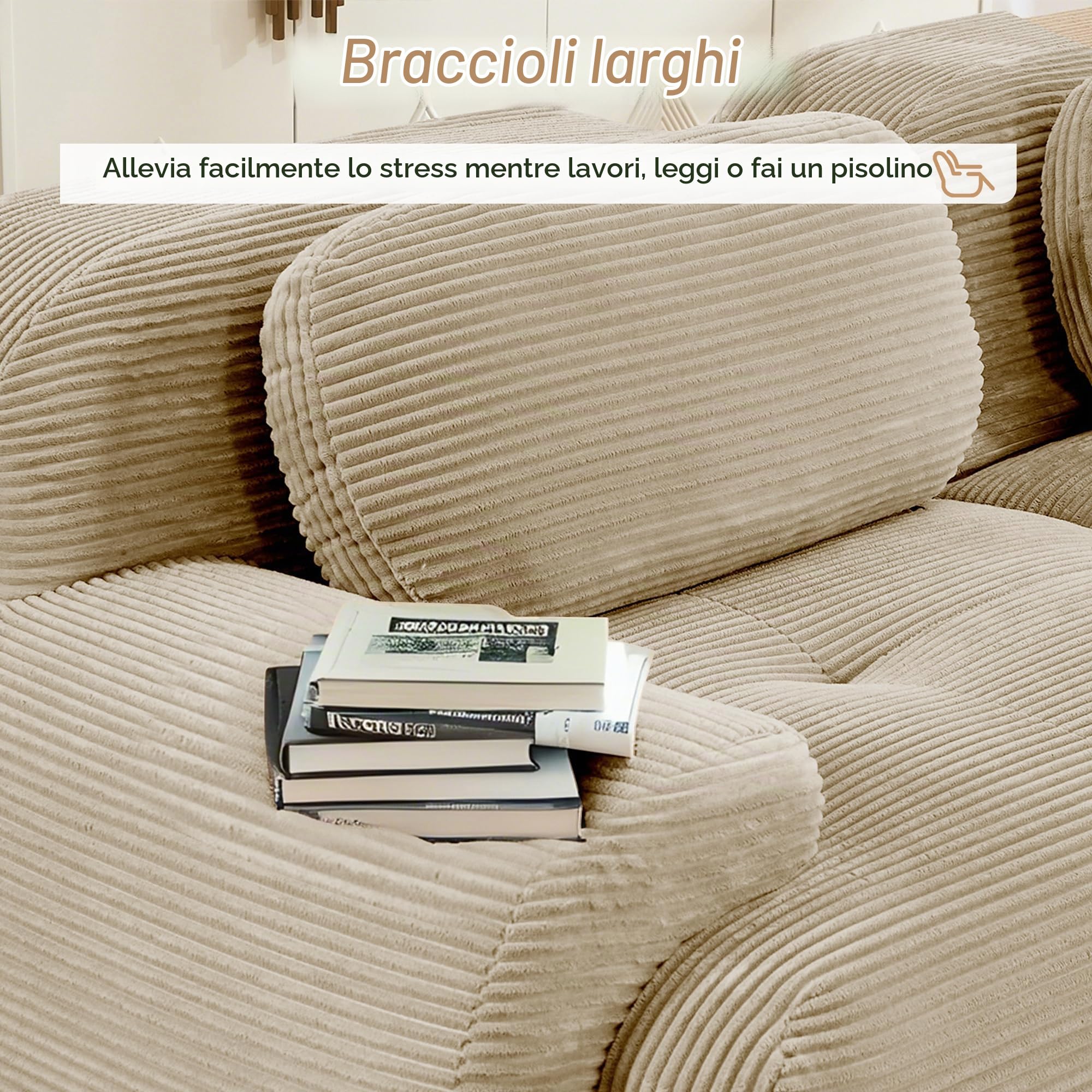 Divano a U 3 Posti in Morbido Velluto a Coste, Componibile Modulare Sofà con Braccioli Curvati, Imbottitura in Schiuma Altamente Elastica per Soggiorno e Camera da letto, Senza Montaggio(Beige)