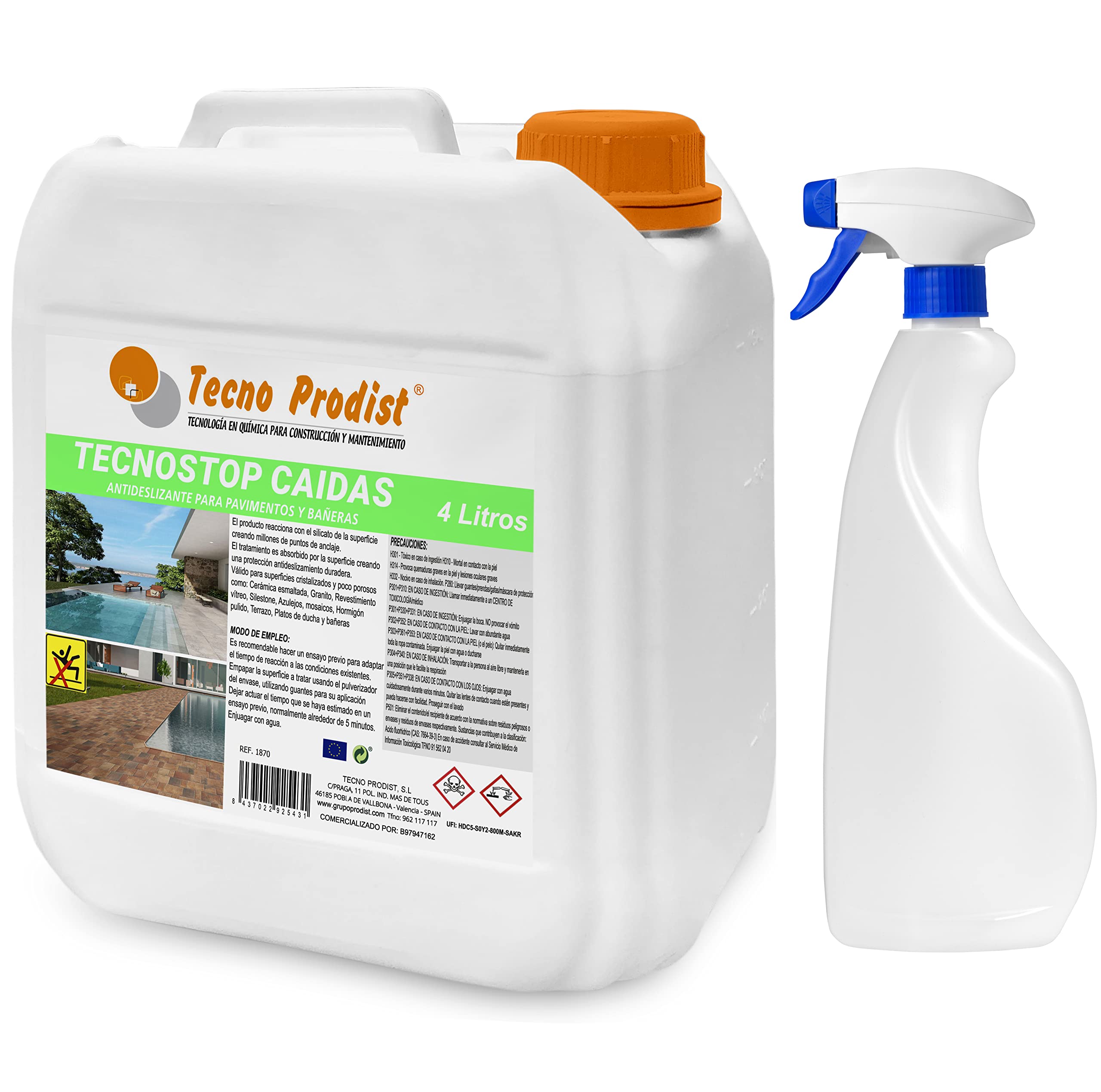 TECNO STOP CAIDAS (4 Litros) de Tecno Prodist, spray líquido antideslizante suelo, transparente, para todo tipo superficies como ducha,bañera,pavimentos+ Pulverizador profesional