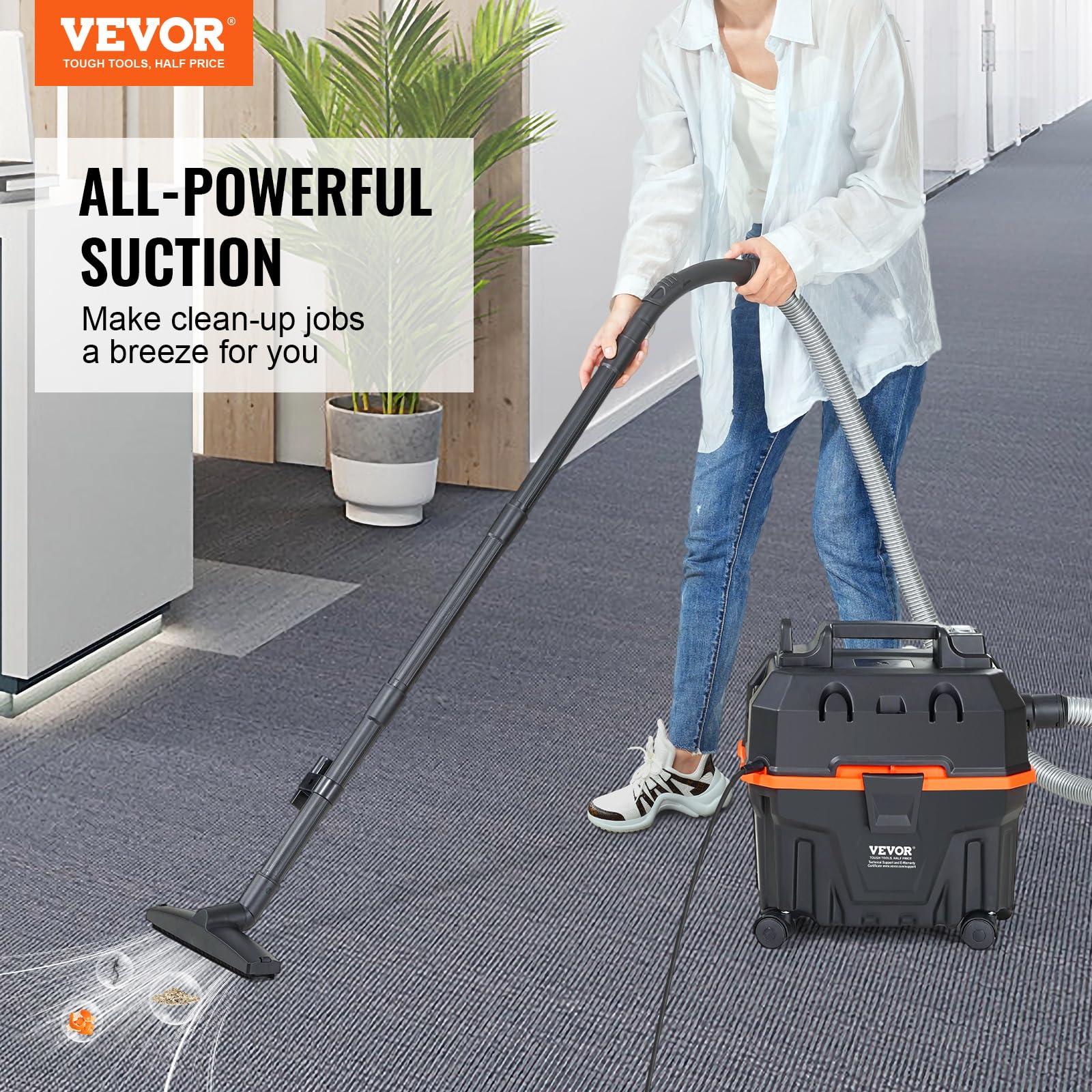 VEVOR Aspirapolvere per umidi asciutti 15 litri, Aspirapolvere portatile commerciale, 5 HP max., Aspirazione con ugello a rotelle, Aspirapolevere per tappeti, detriti, pelianimali domestici, Nero