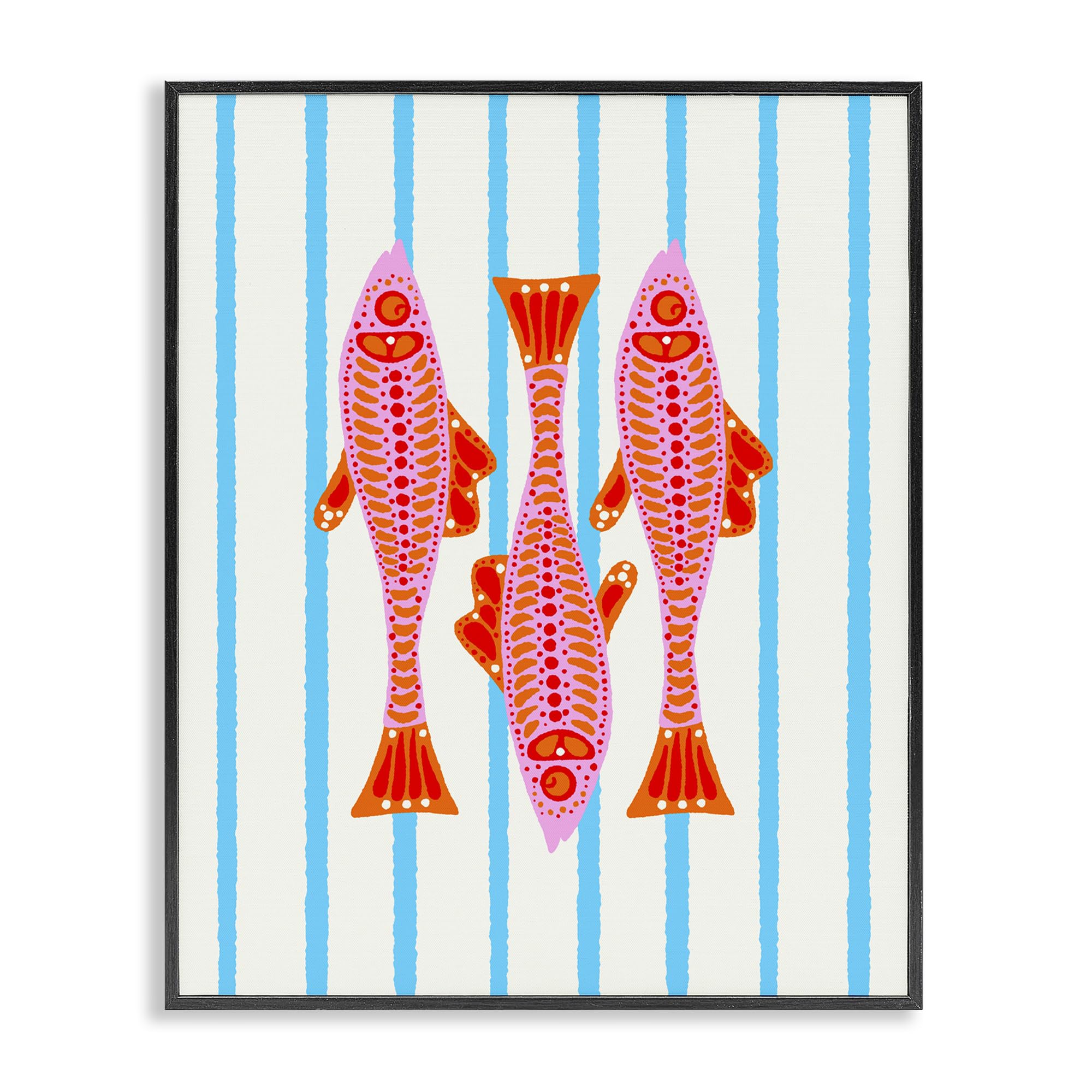 Stupell Industries Midnight Black (Textured) 'Bright Aquatic Fish On Stripes'| Framed Giclee Art
