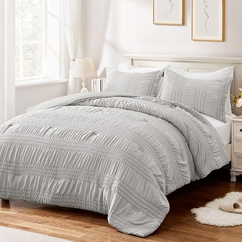 BYSURE Juego de edredón de sirsaca de 3 piezas, tamaño matrimonialQueen, gris claro, edredón ligero con textura alternativa a rayas (88 x 88