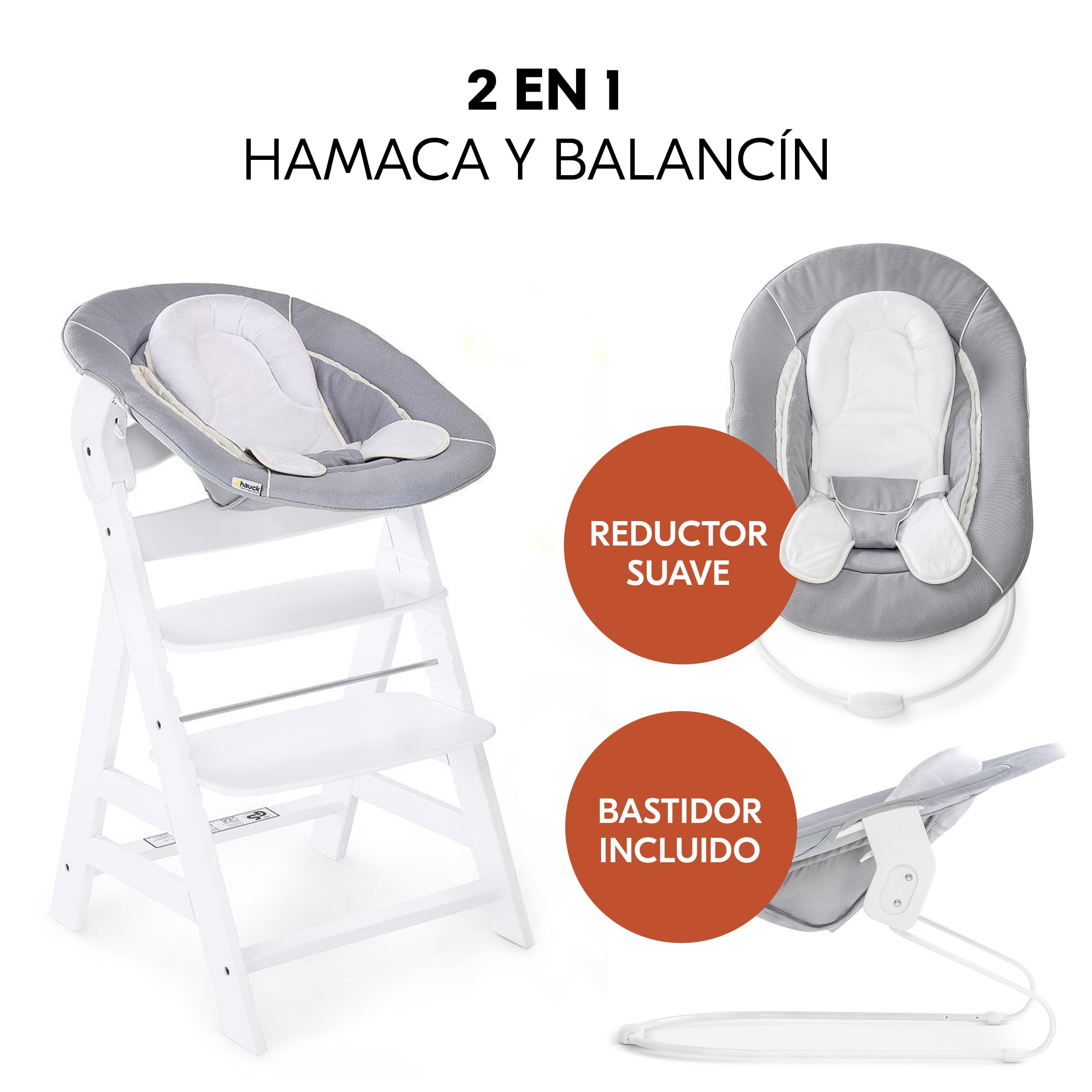 hauck Trona Evolutiva Madera Alpha+ Newborn Set con 2in1 Bouncer - Blanco | Trona de Madera con Hamaca Bebé Apta desde el Nacimiento y Cojín de 2 Piezas