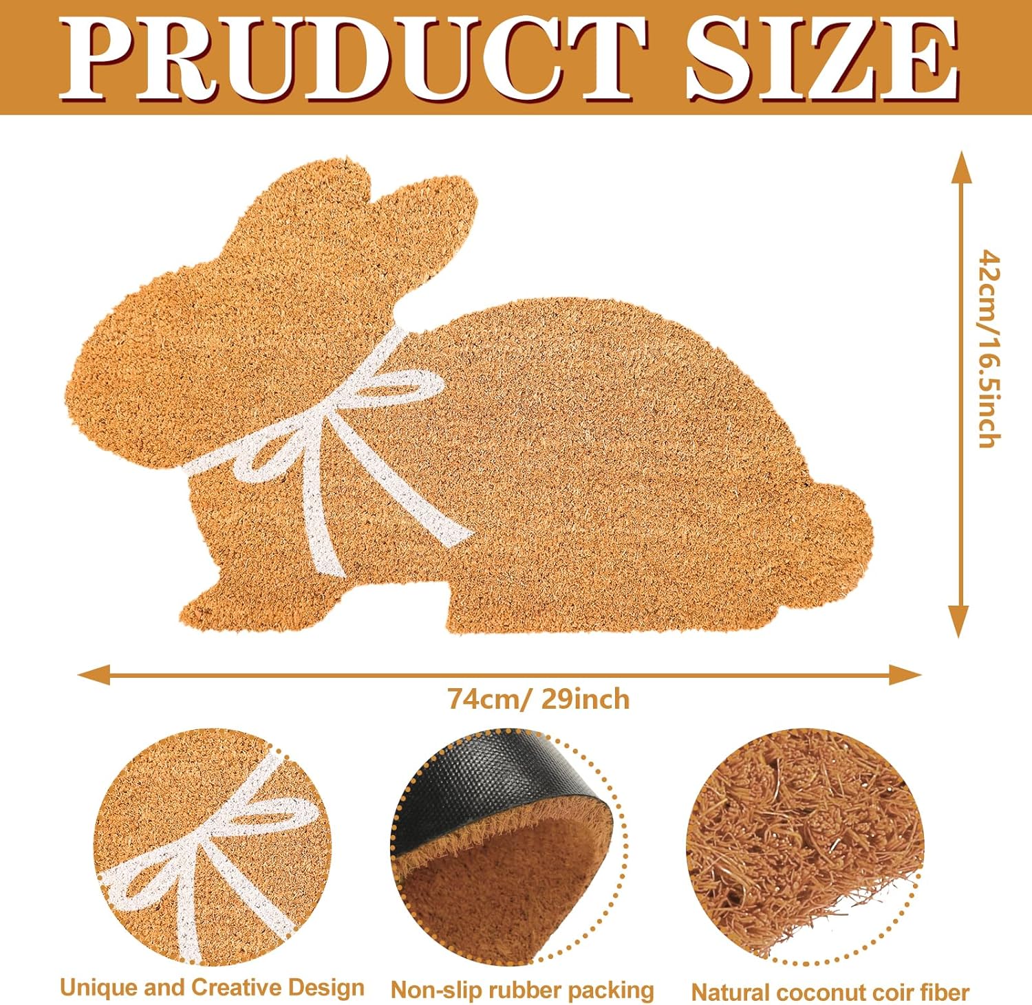 FYSUIMU Easter Bunny Shaped Natural Coir Doormat Cute Rabbit Welcome Floor Mat Non-Slip Entrance Door Rugs for Indoor Outdoor Bathroom Decor, 16.5 x 29 Inch