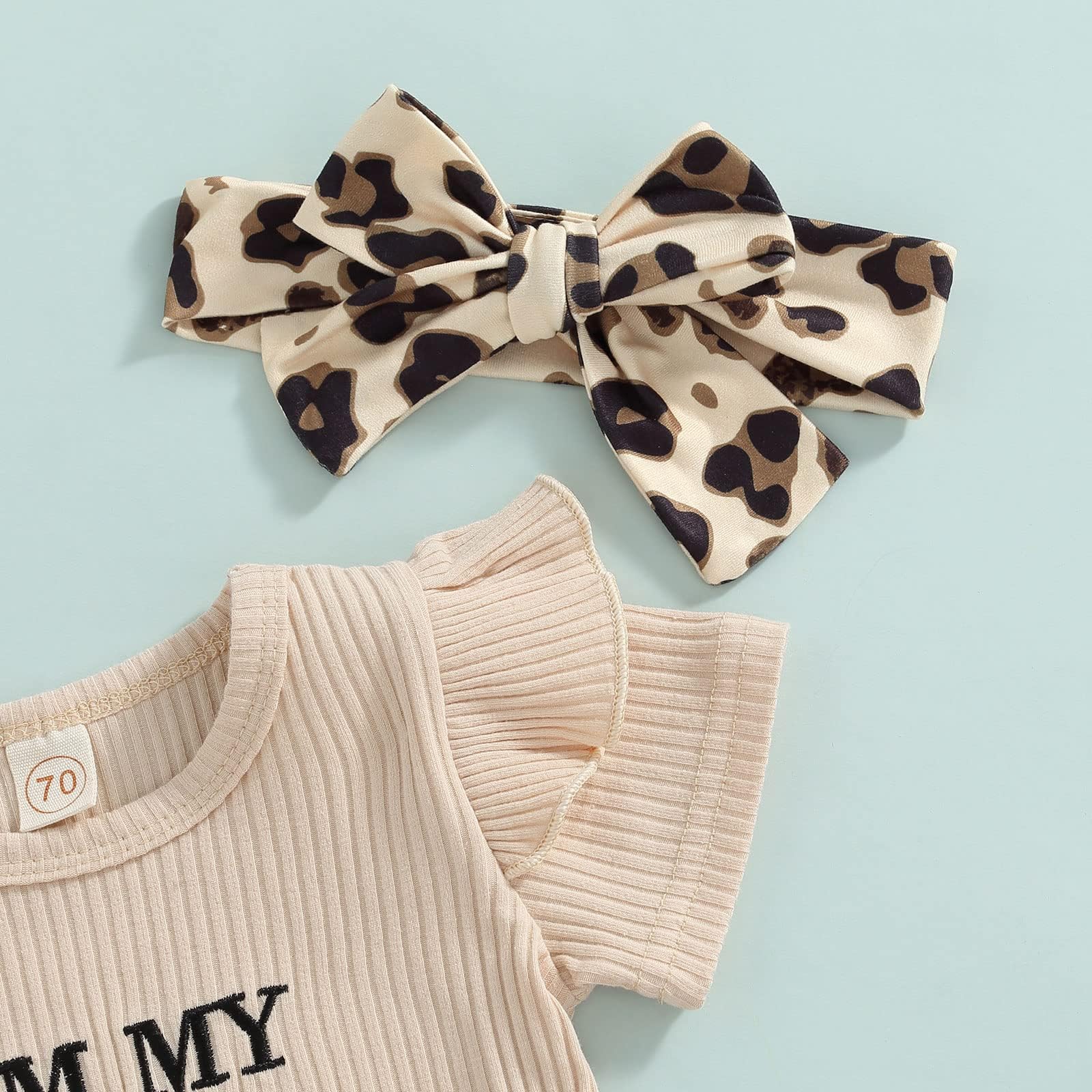 Fernvia Infant Baby Girl Clothes Suspenders Short Sleeve Ribbed Romper Flared Pants Set Headband 3pcs Summer Outfit