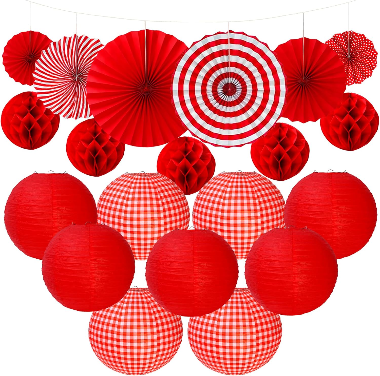 20 PCS Red Party Decorations Kit,Red and White Hanging Paper Lanterns,Round Paper Fans Honeycomb Balls for Birthday Wedding Graduation Picnic BBQ Baby Shower Pizza Party Lunar New Year Home Decor