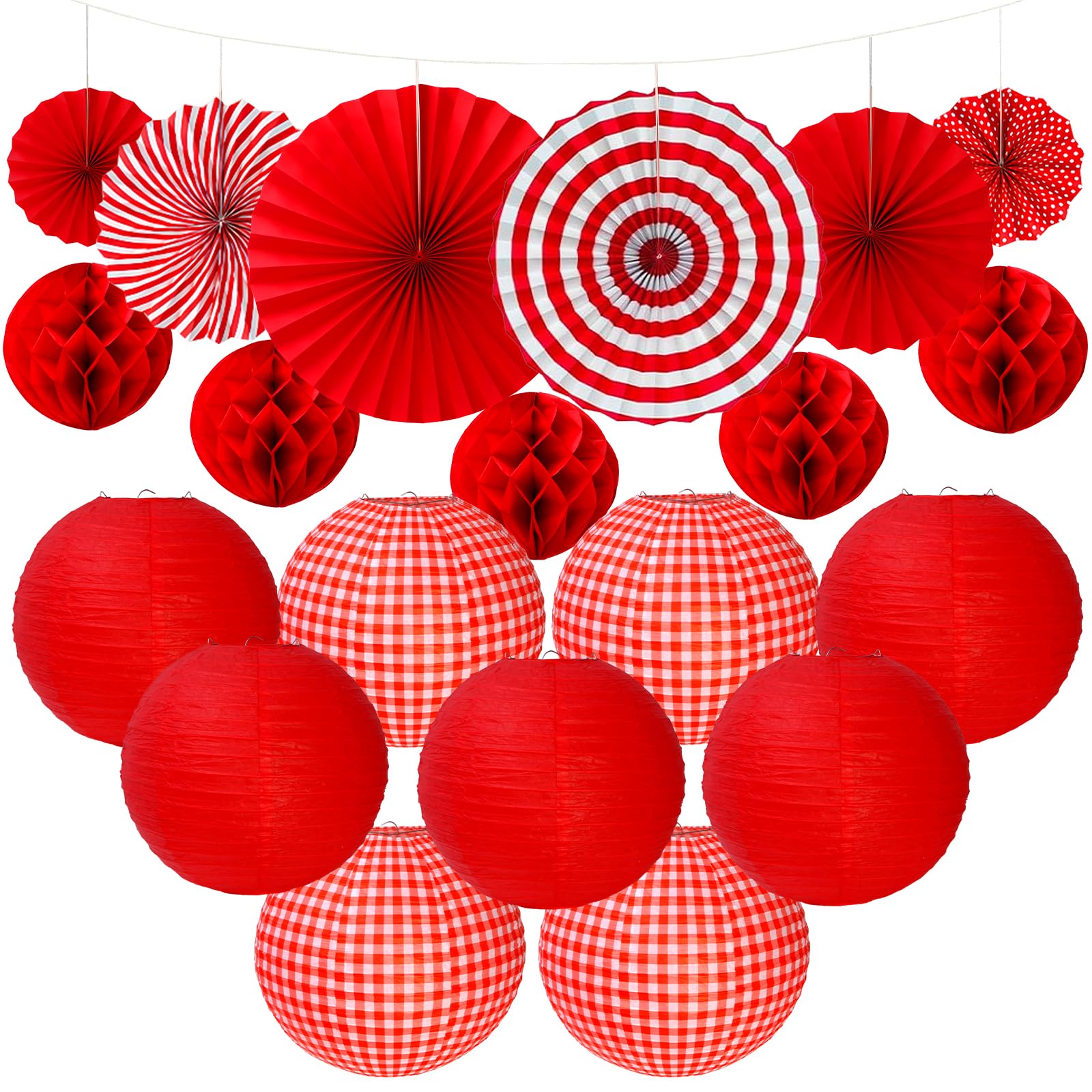 20 Pcs Red Party Decorations Kit,Hanging Red Paper Lanterns Paper Fans, Paper Honeycomb Balls for Christmas Birthday Wedding Graduation Picnic BBQ Baby Shower Pizza Party Home Decor