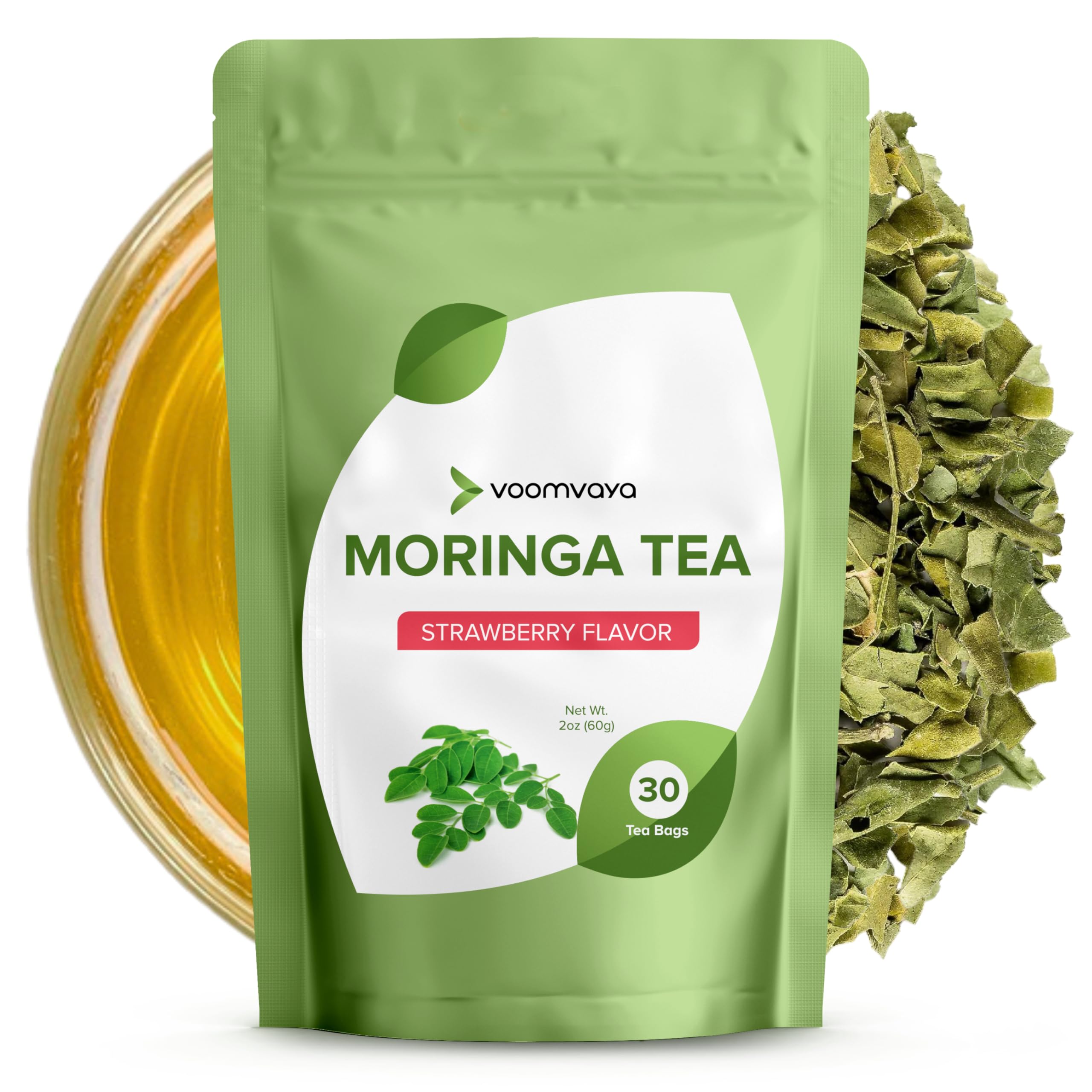 VoomVaya Organic Moringa Tea - 100% Pure Moringa Leaves - Naturally Boosts Energy, Detoxifies, and Improves Immune System - 30 Tea Bags (Natural Strawberry Flavor)