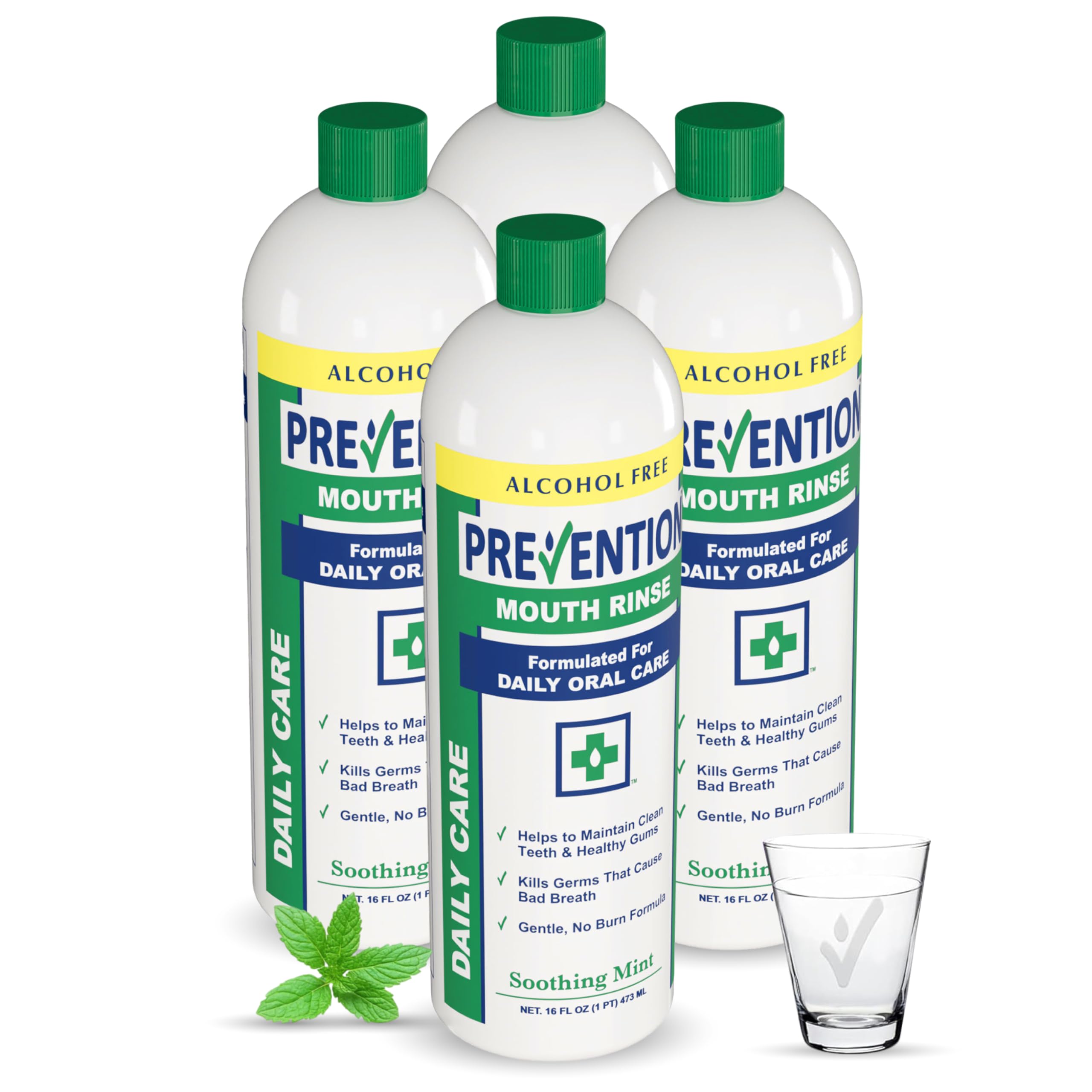 Prevention Daily Care Alcohol-Free Mouthwash, Hydrogen Peroxide Teeth Whitening with Soothing Fresh Mint for Bad Breath Treatment, Fluoride-Free Gum Care Oral Mouth Rinse 16 oz 4 Pack