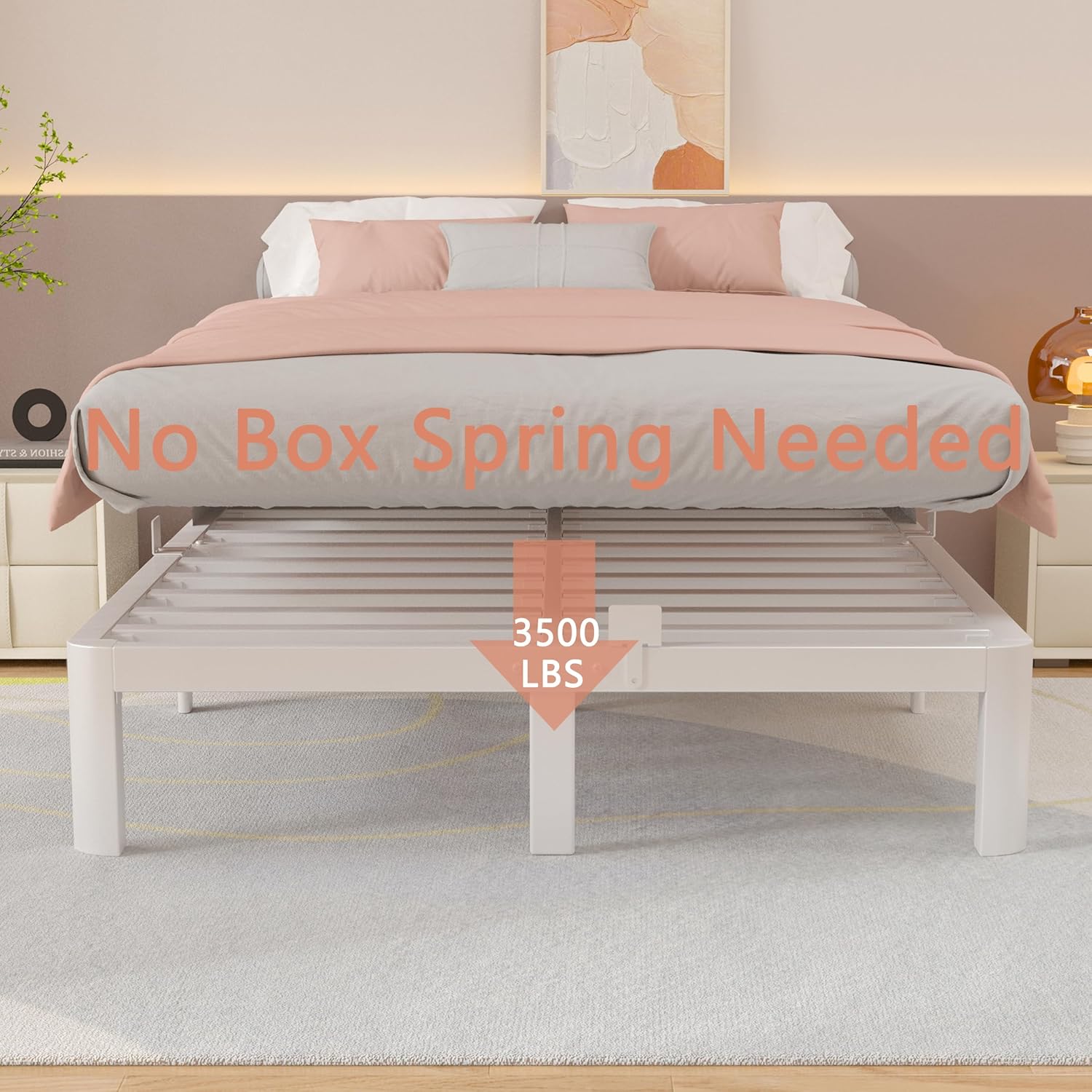 10 Inch White Full Size Bed Frame, Metal Bed Frame Full with Baffles, Heavy Duty Steel Platform Support, No Box Spring Needed, Storage Space, Reserved Holes, Round Corner Design, Noiseless