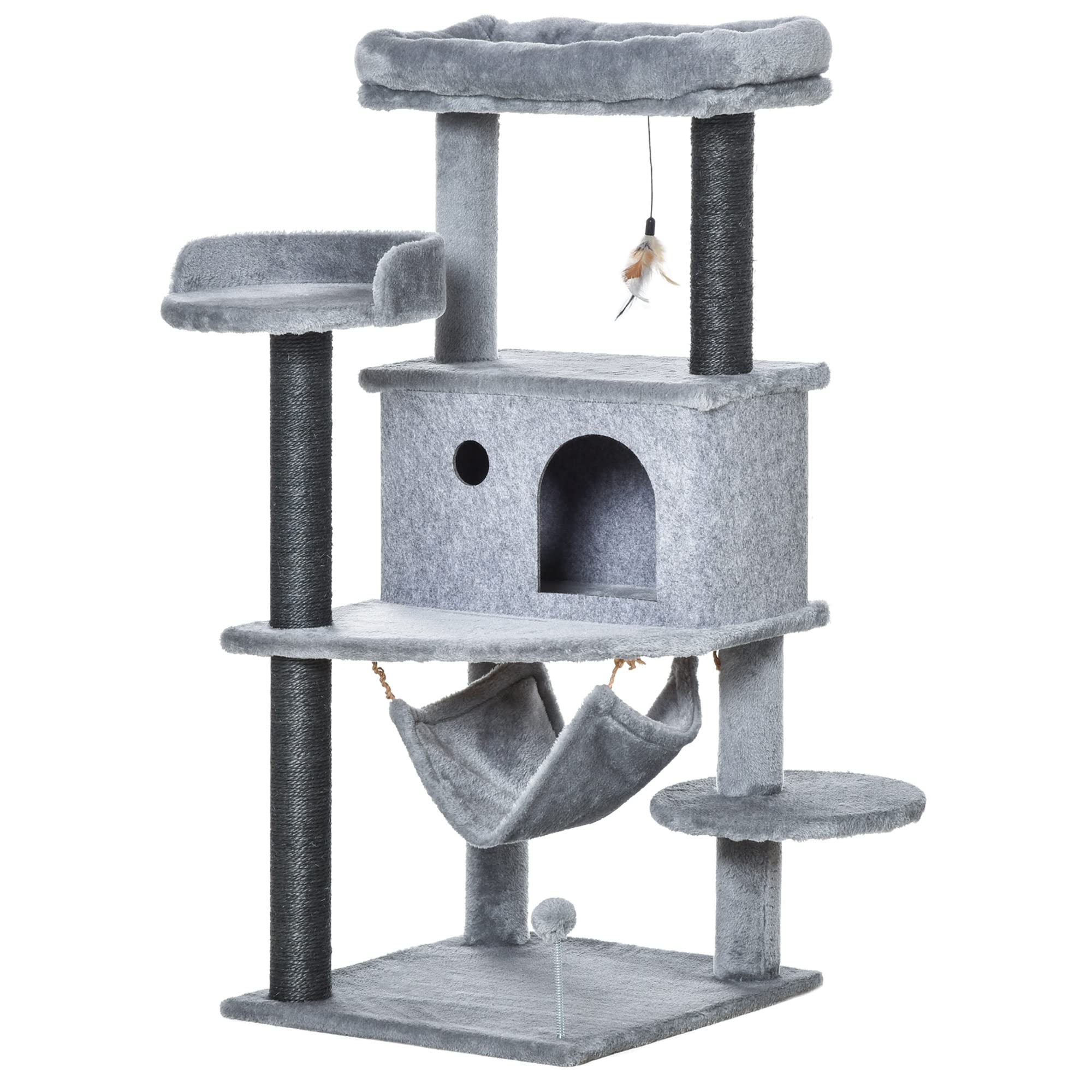 PawHut Albero Tiragraffi per Gatti con Palo, Casetta, 48x48x107 cm, Grigio | Letto, 4 Piattaforme, Amaca e 2 Giochi, Torre per Gatti in Truciolato, Peluche, Sisal e Feltro