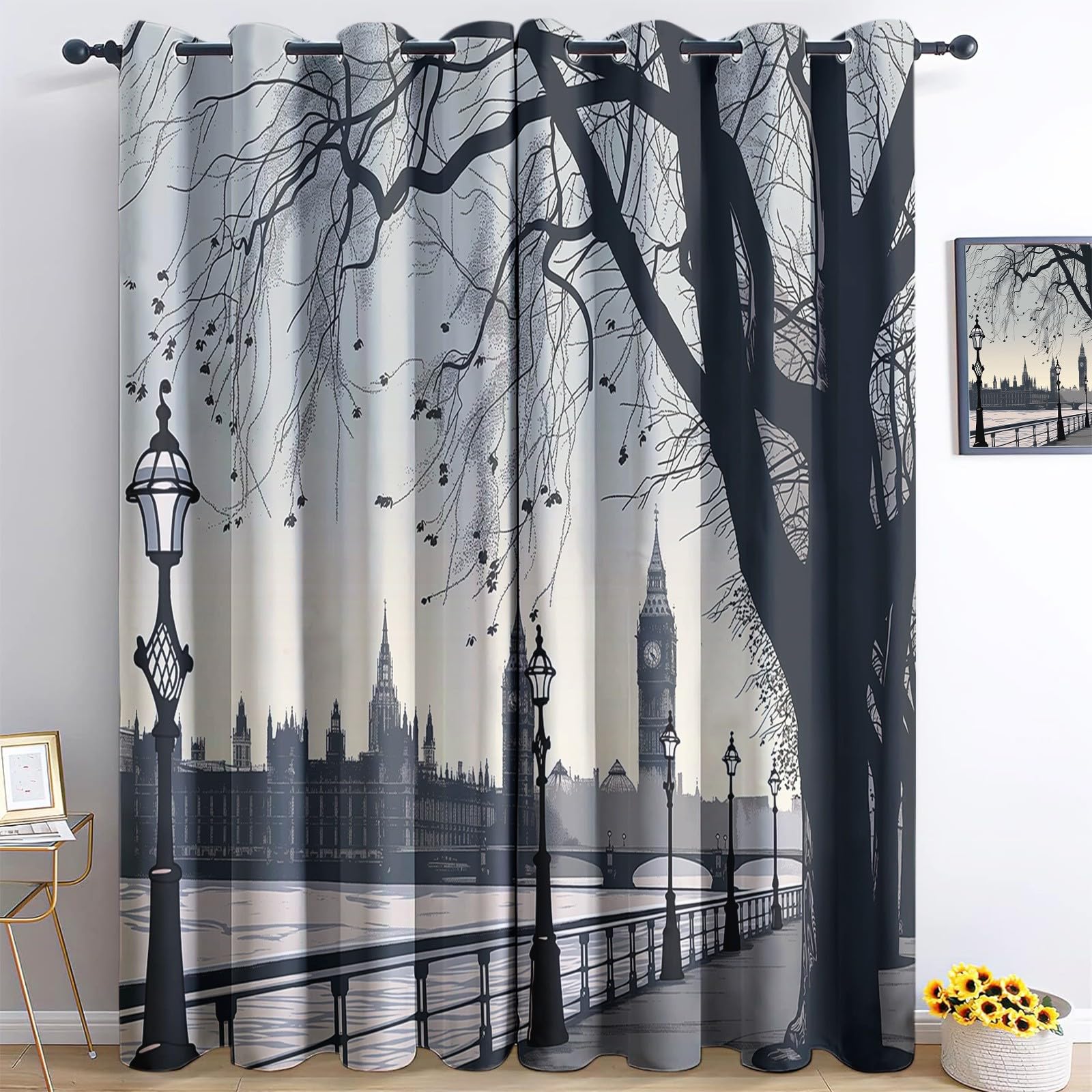 XCQHZYQ Blackout Curtains for Bedroom London Thames River Embankment Scenery Eyelet Curtains 95 Inch Drop for Living Room, Darkening Thermal Insulated Window Curtain 2 Panel 52W x 95L Inch