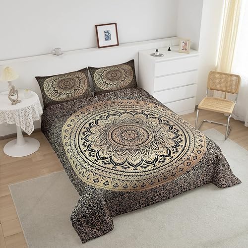 Miniatura 4 de Castle Fairy Juego de edredón bohemio de mandala para niños, niñas, niños y adolescentes, edredón bohemio de 3 piezas, color marrón y negro, tamaño