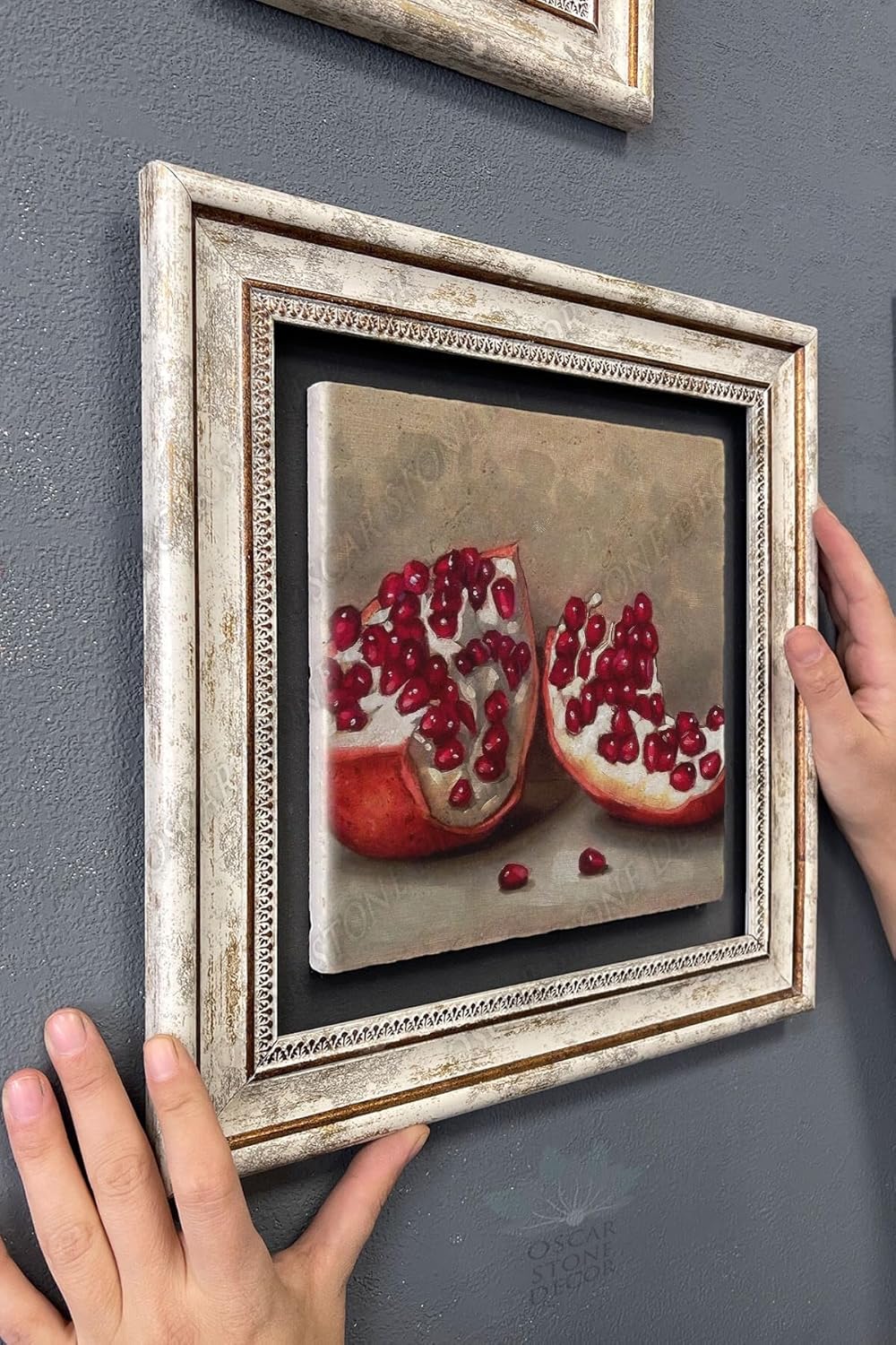 Framed Stone Wall Decor 30x30 cm Pomegranate Drawing Stone Art for Walls - Multicolor, 12x12 inch