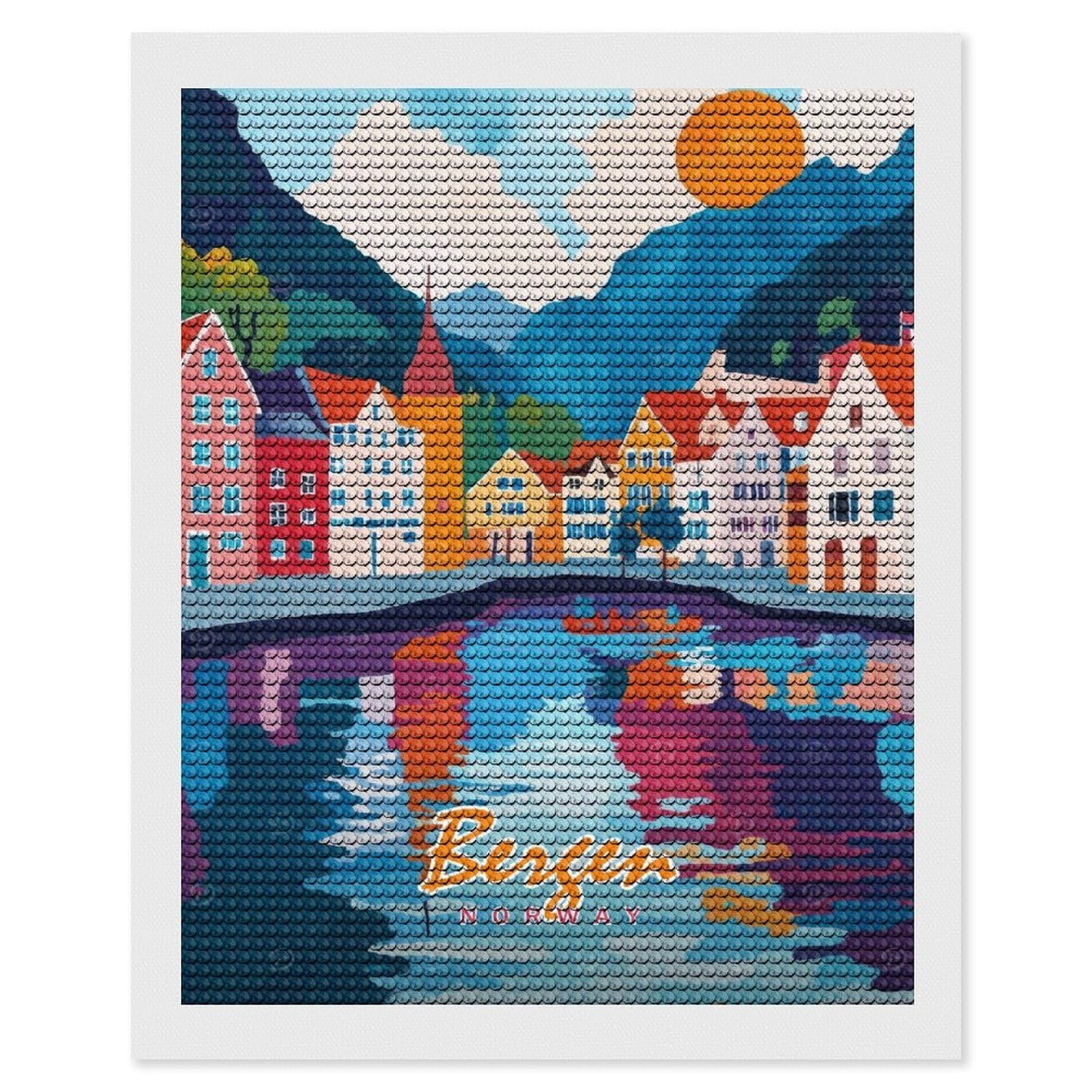 Junmoney Bergen, Norway Watercolor Diamond Art Kit 16"x20", Relaxing DIY Hobby, Satisfying Creative Project, Living Room Decor, for Women