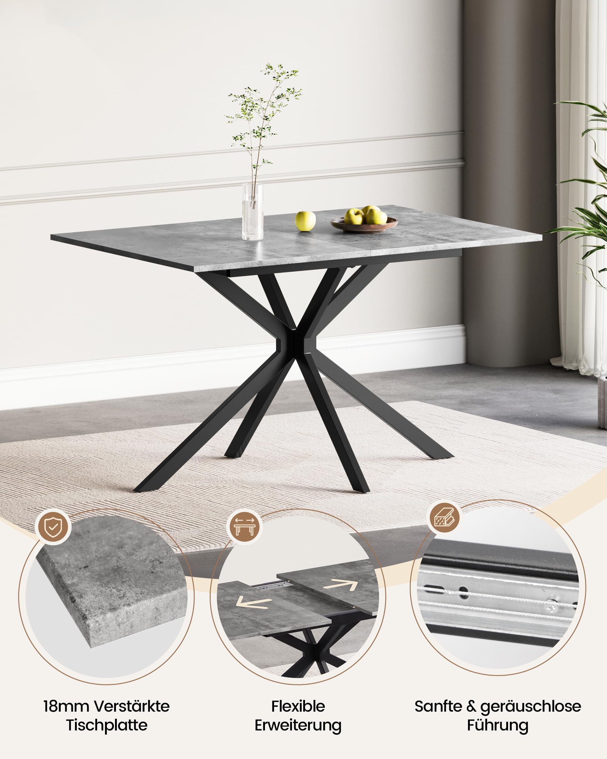 Ausziehbarer Esstisch Betonoptik 120–160x80x73,5cm für 4–8 Personen | Küchetisch Esszimmertisch für Esszimmer, Küche und Wohnzimmer