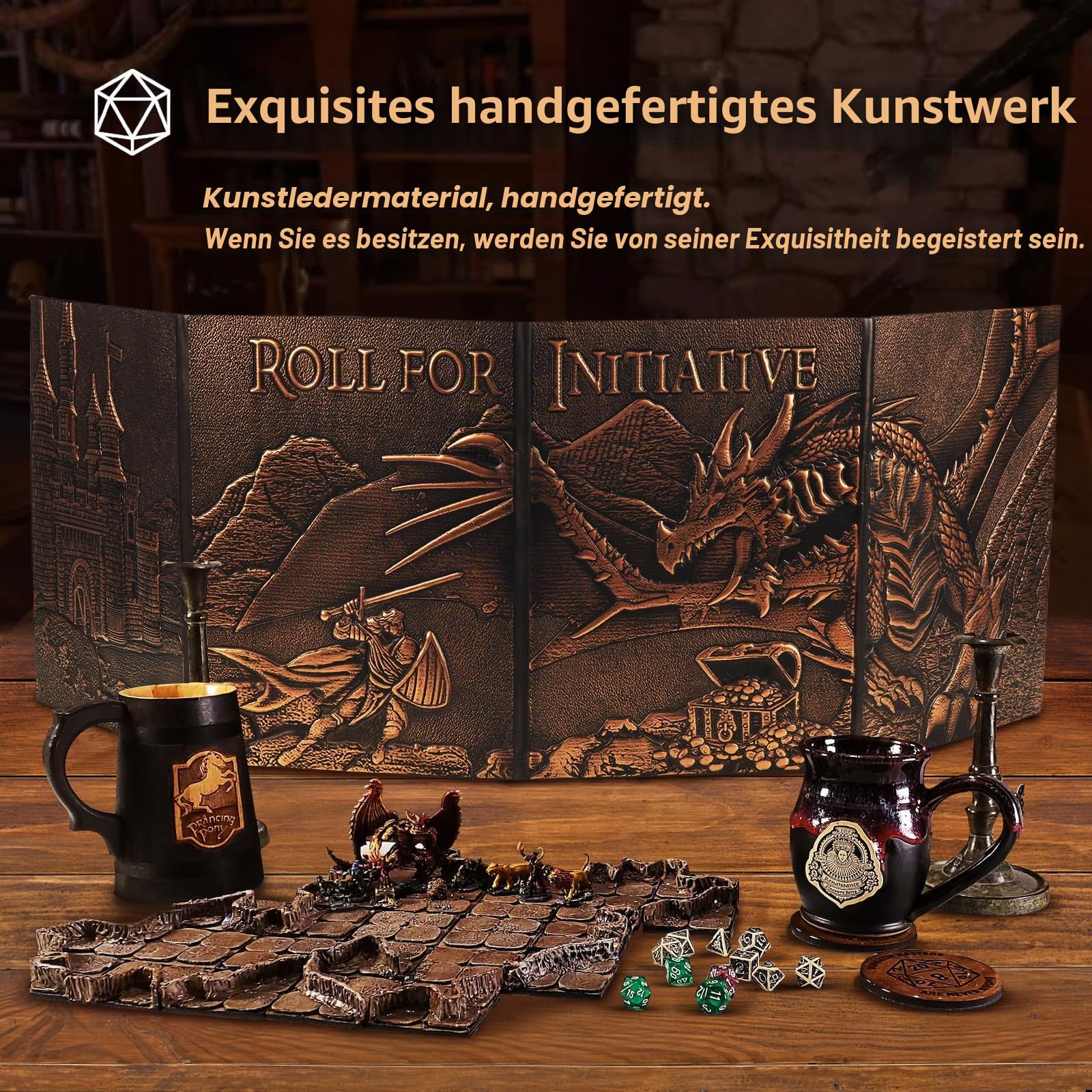 DND DM Screen 5e, D&D Dungeon Master Screen 3D Kunstleder 4 Panel Game Master Screen mit anpassbaren Einsätzen – Dungeons and Dragons GM RPG Zubehör Geschenk für Männer oder Frauen
