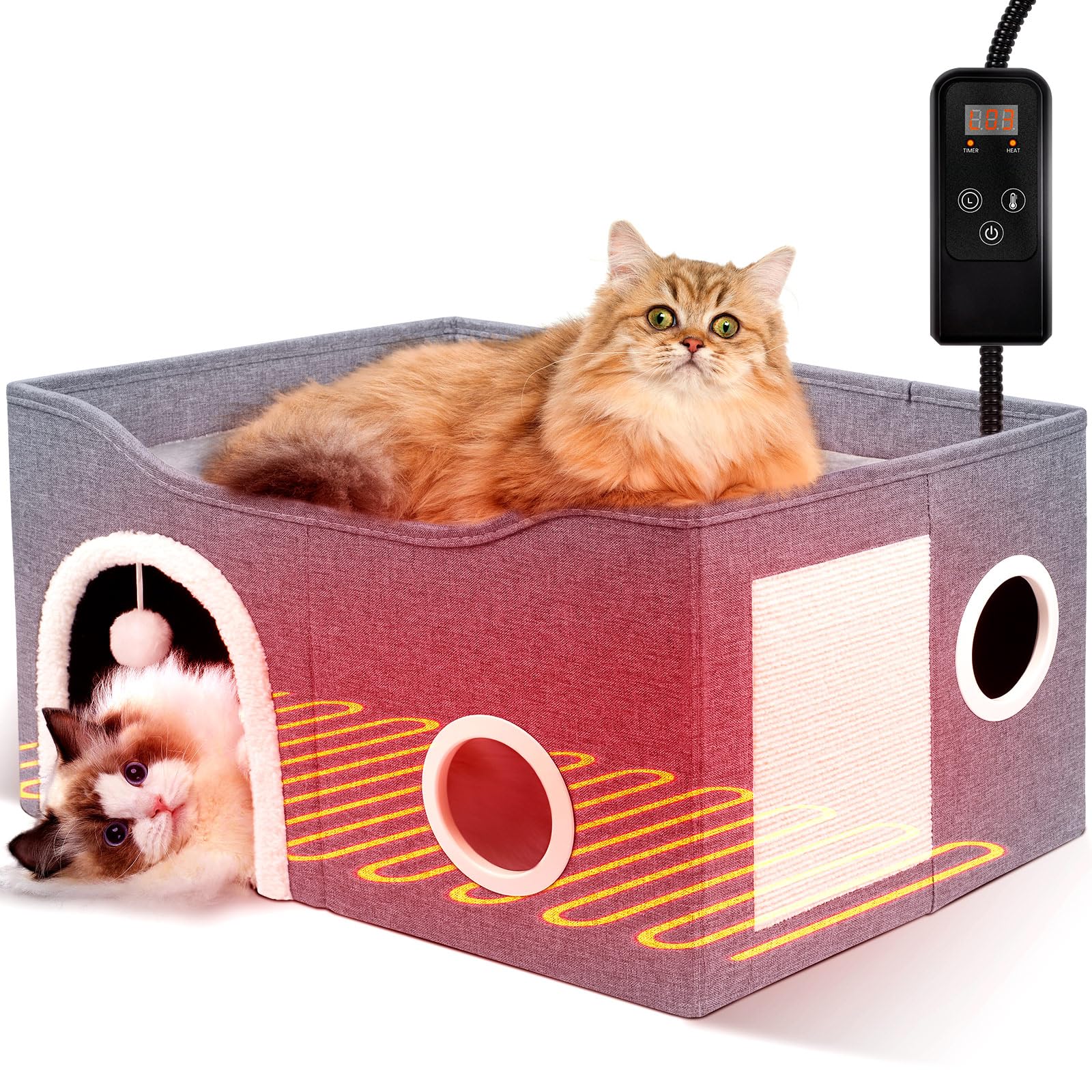 Indoor Heated Cat House, Adjustable Temperature Cat Heating Bed with Timer and Chew Resistant Cord, Large Cat House with H...