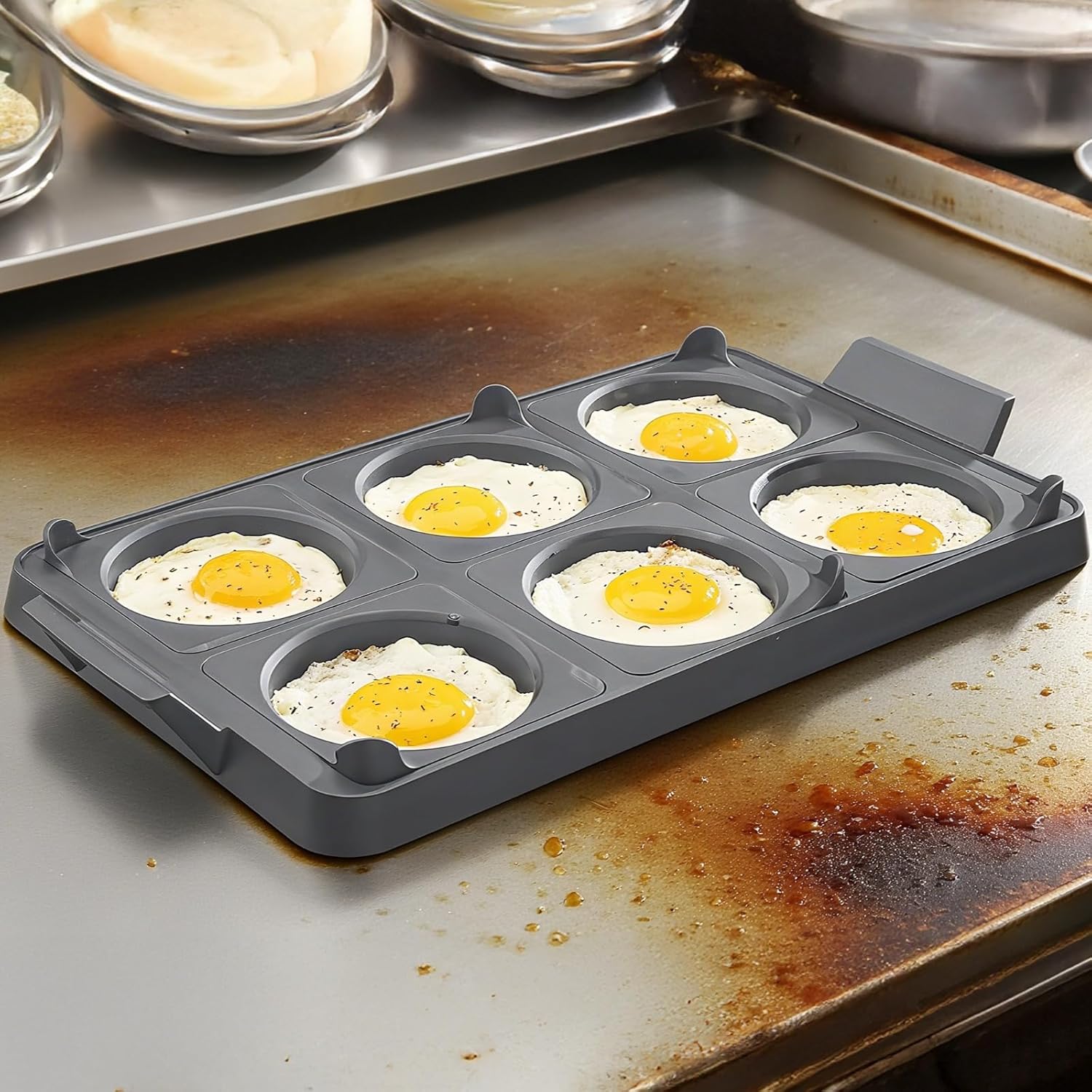 6-Hole Silicone Egg Mold For Frying, Nonstick Rings, Griddle Compatible, Flexible Handles