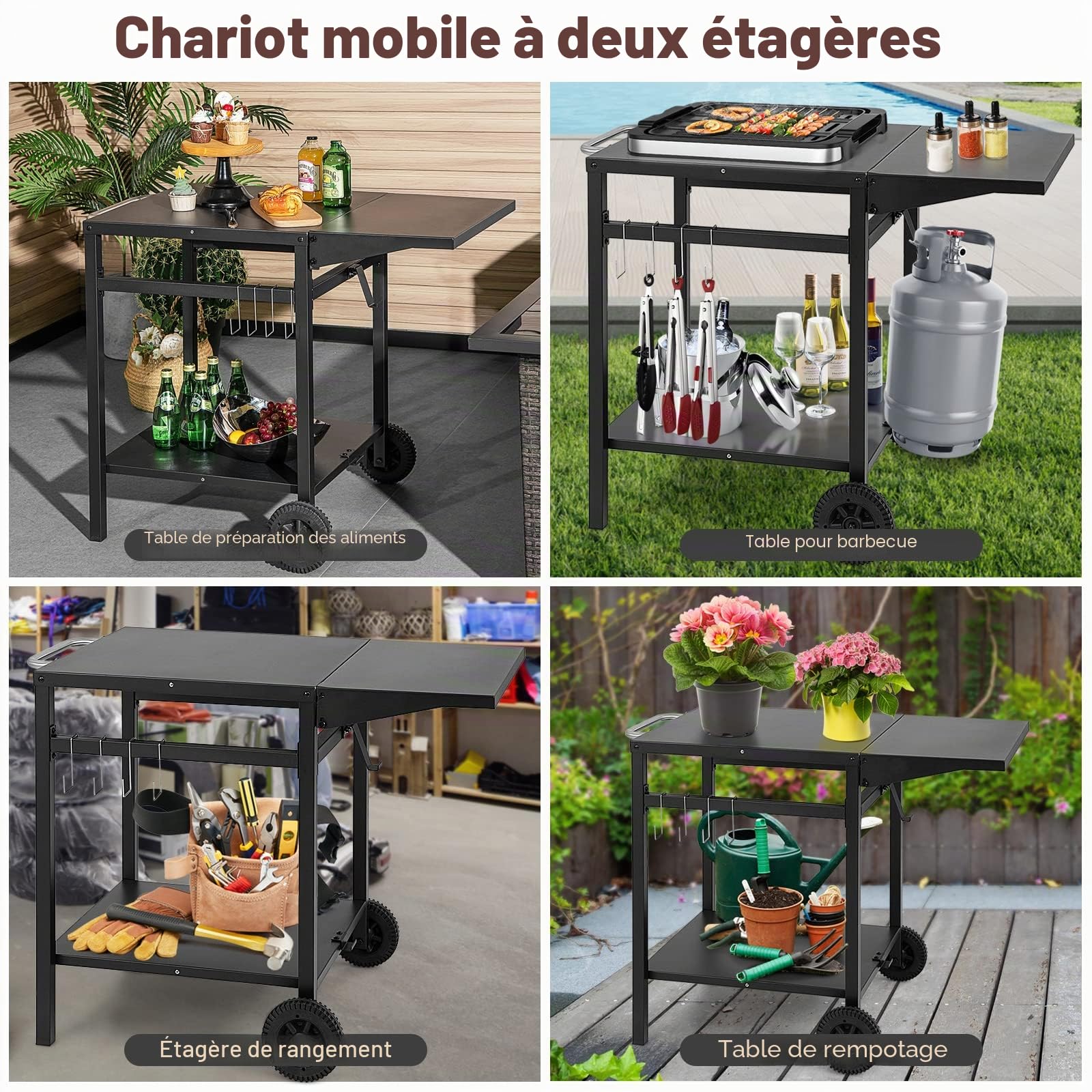 GIANTEX Table de Barbecue avec Plan de Travail Pliable, Table de Camping à roulettes, Chariot de Service Cuisine en Métal avec 2 Étagères & 4 Crochets, Chariot Polyvalent pour Jardin, Cuisine (Noir)