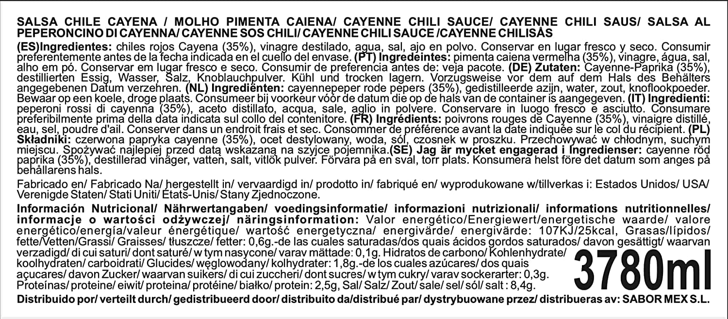 SABORMEX Frank's RedHot Original Cayenne Pepper Sauce, Sauce Piquante au Piment Rouge de Cayenne 3780 ml