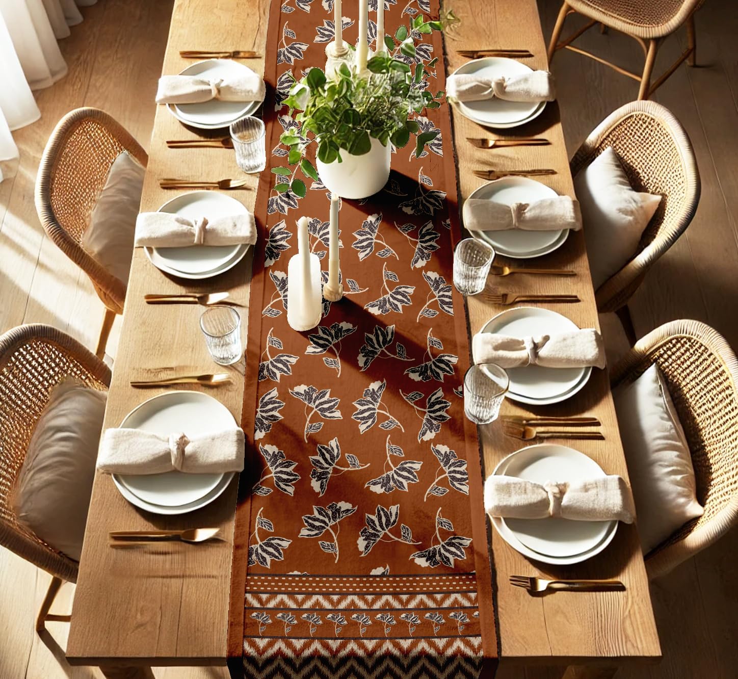 Premium Cotton Table Runner - Lightweight Double Layer - Border Design - Machine Washable Farmhouse Table Decor - Floral